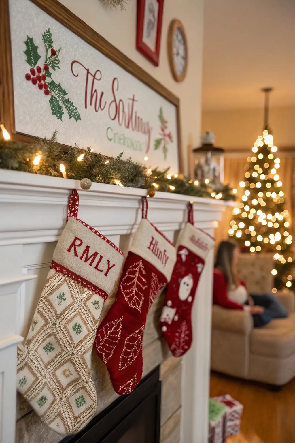 Decorative signs add a personal and festive touch to stocking displays.