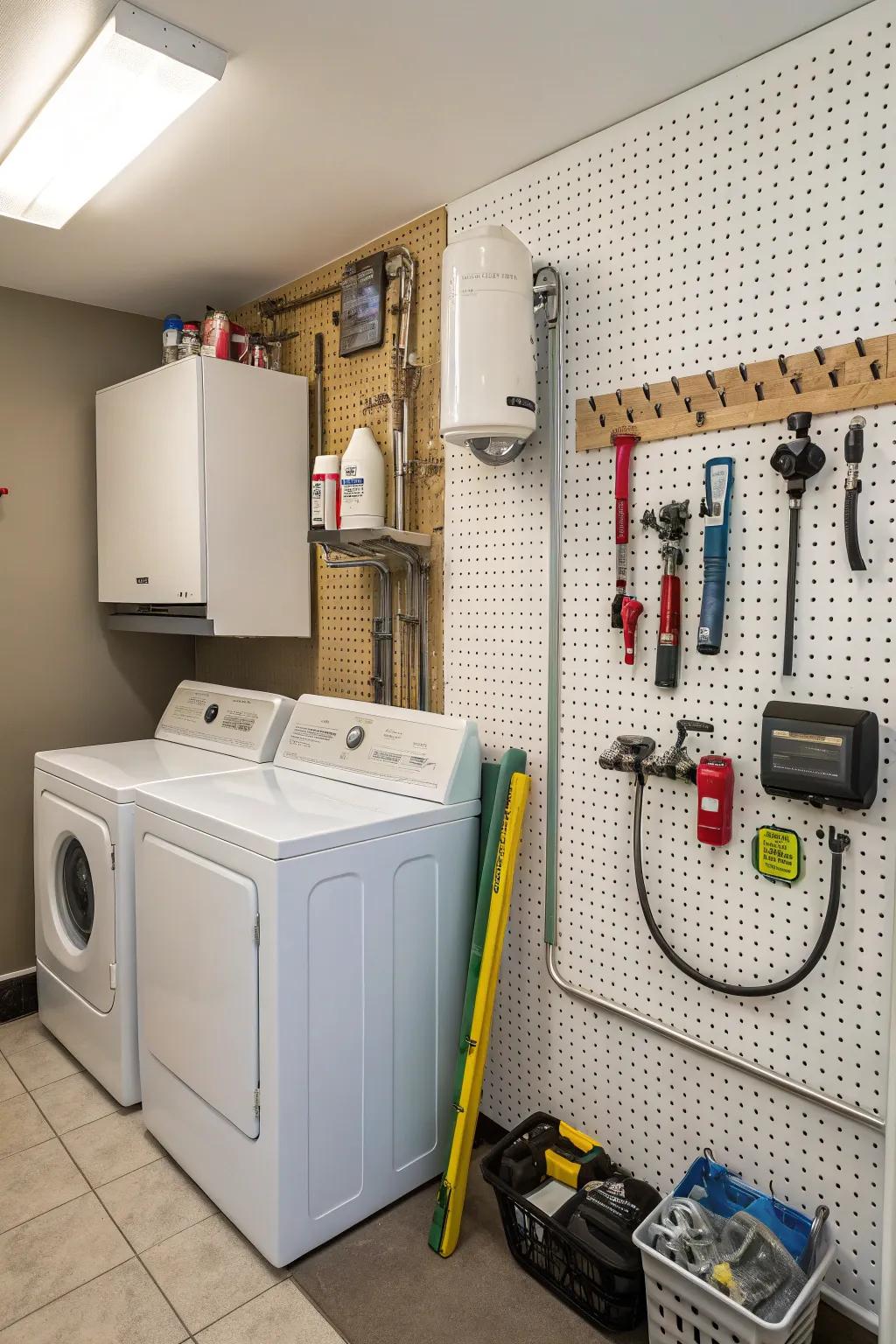 Pegboard walls offer organization and concealment in one.