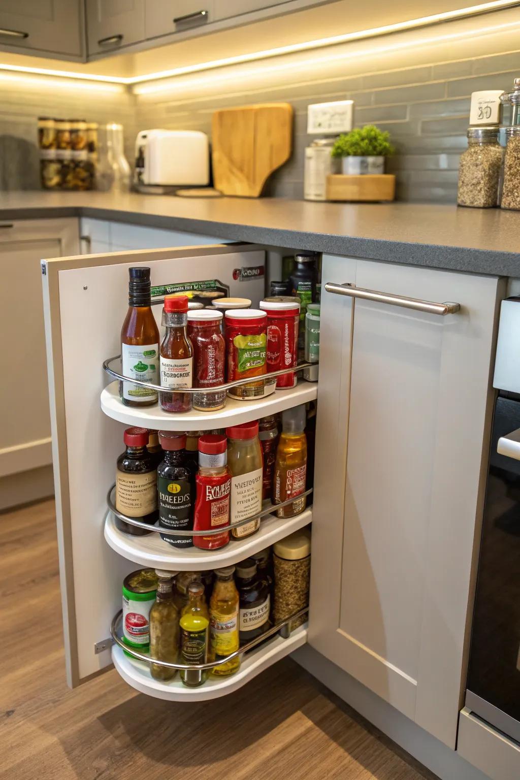 Lazy Susans maximize corner cabinet space.