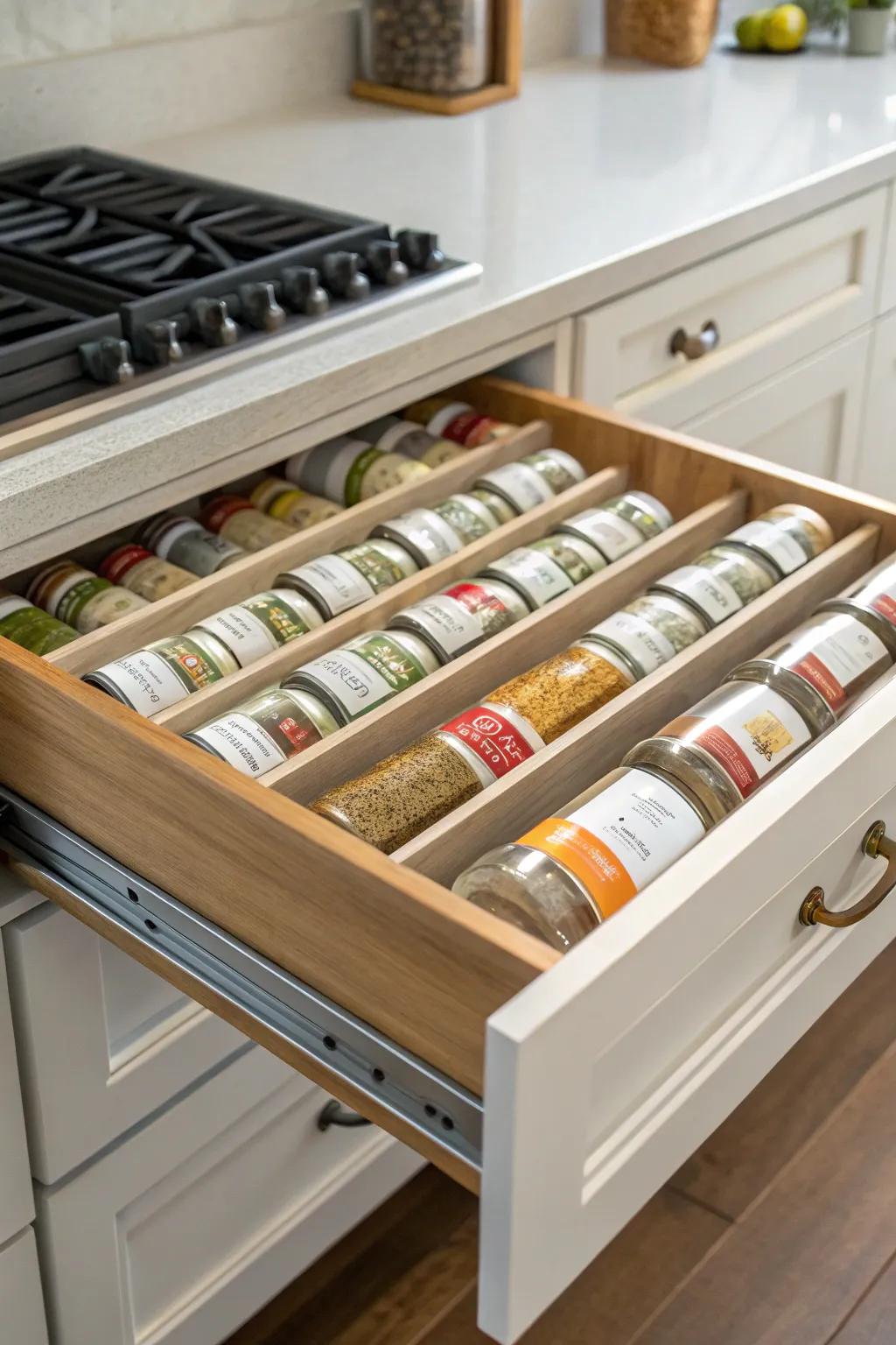 Drawer inserts provide clutter-free spice organization.