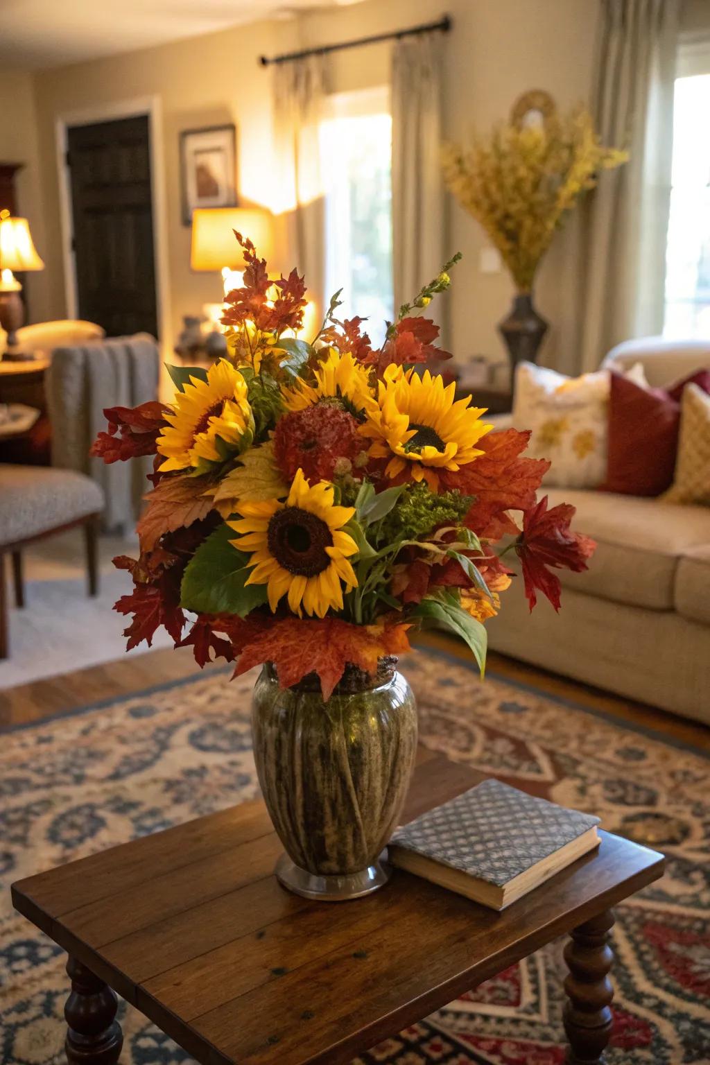 A seasonal arrangement with sunflowers and autumn leaves.