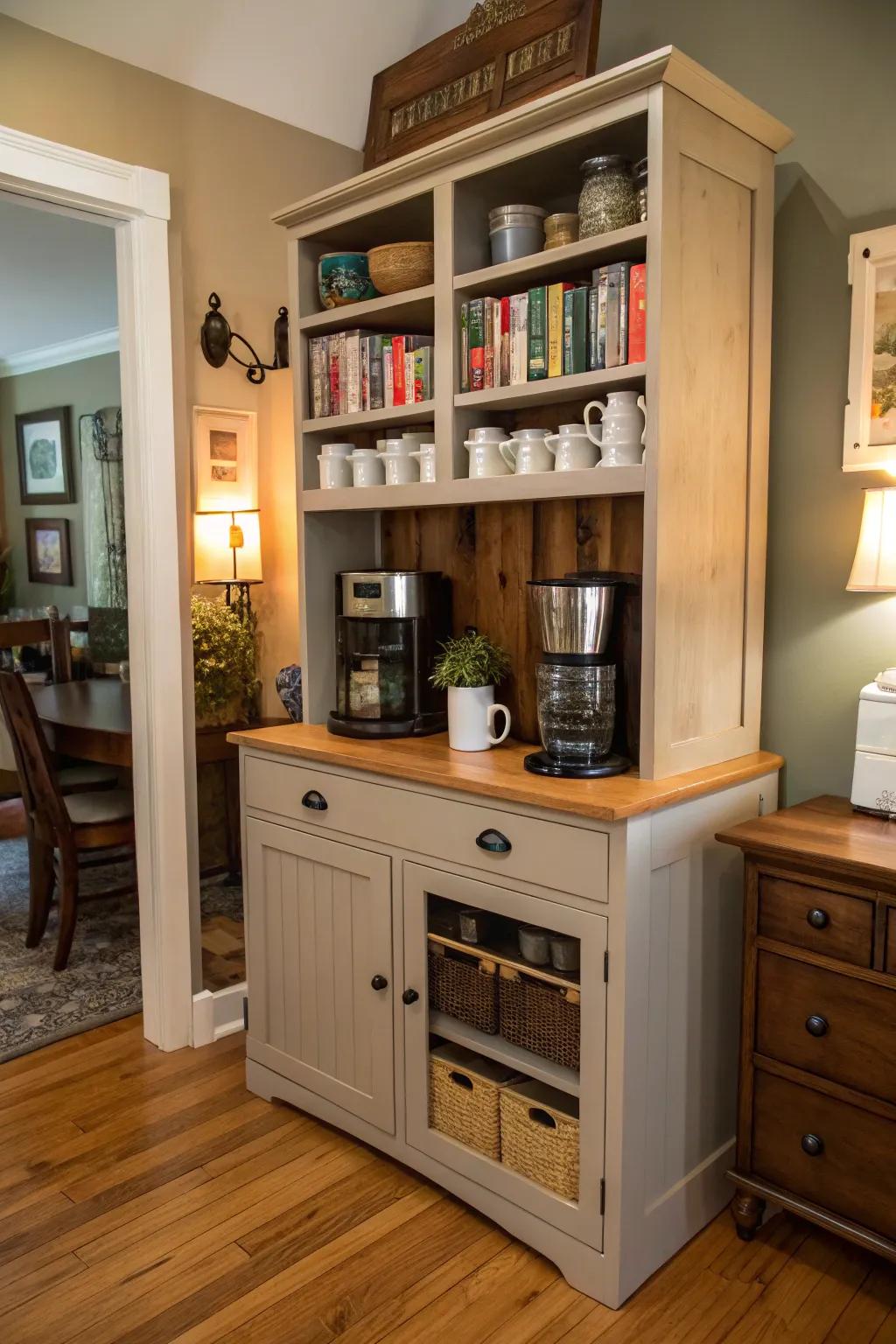 A hutch turned coffee station brings both style and function.
