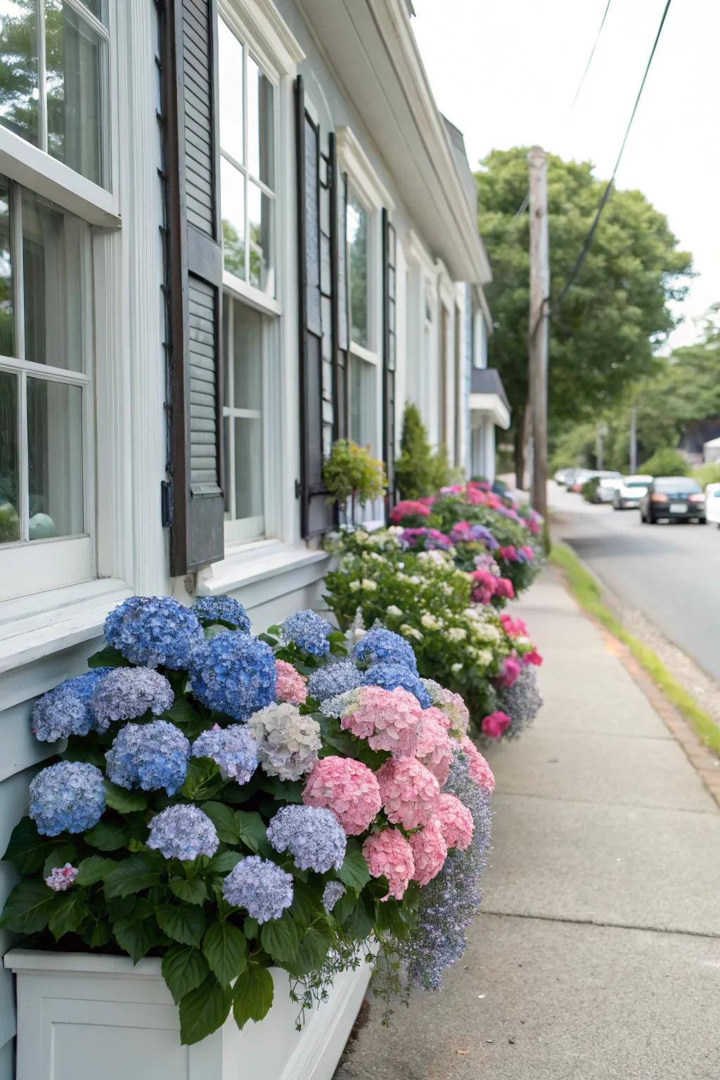 Window boxes adorned with colorful hydrangeas on a building facade.