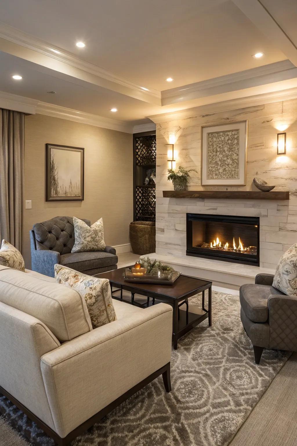 A modern living room featuring a gas fireplace, offering convenience and style.