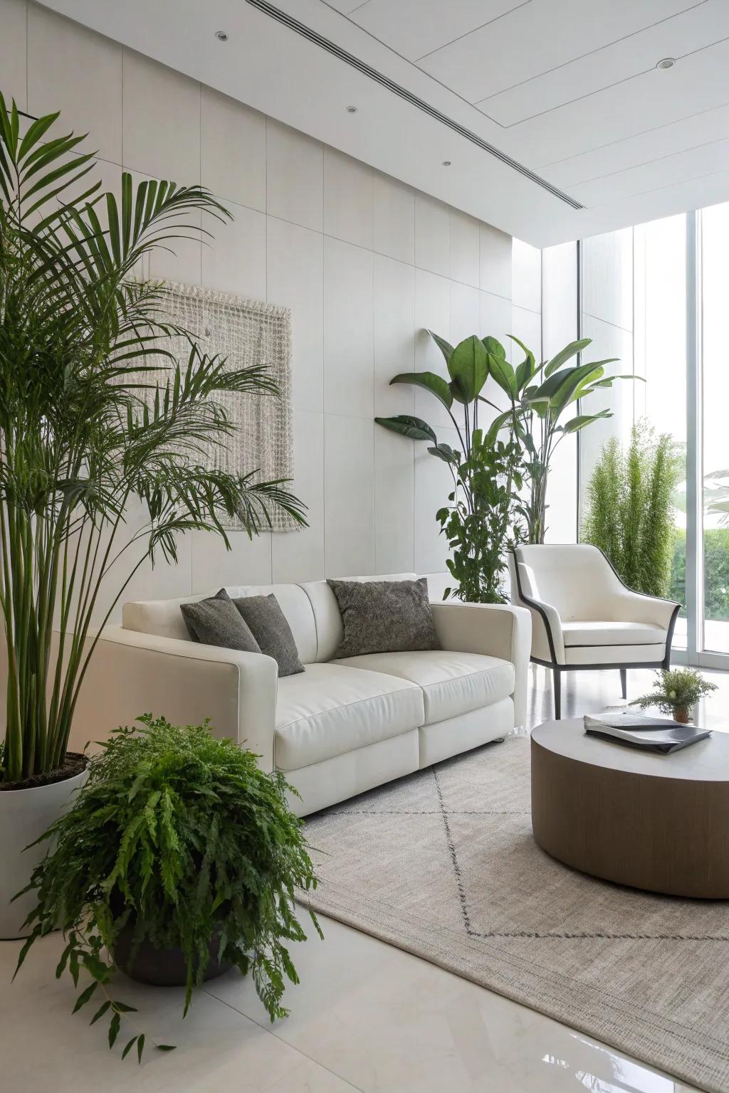 Minimalist design enhanced by the elegance of simple plant arrangements.