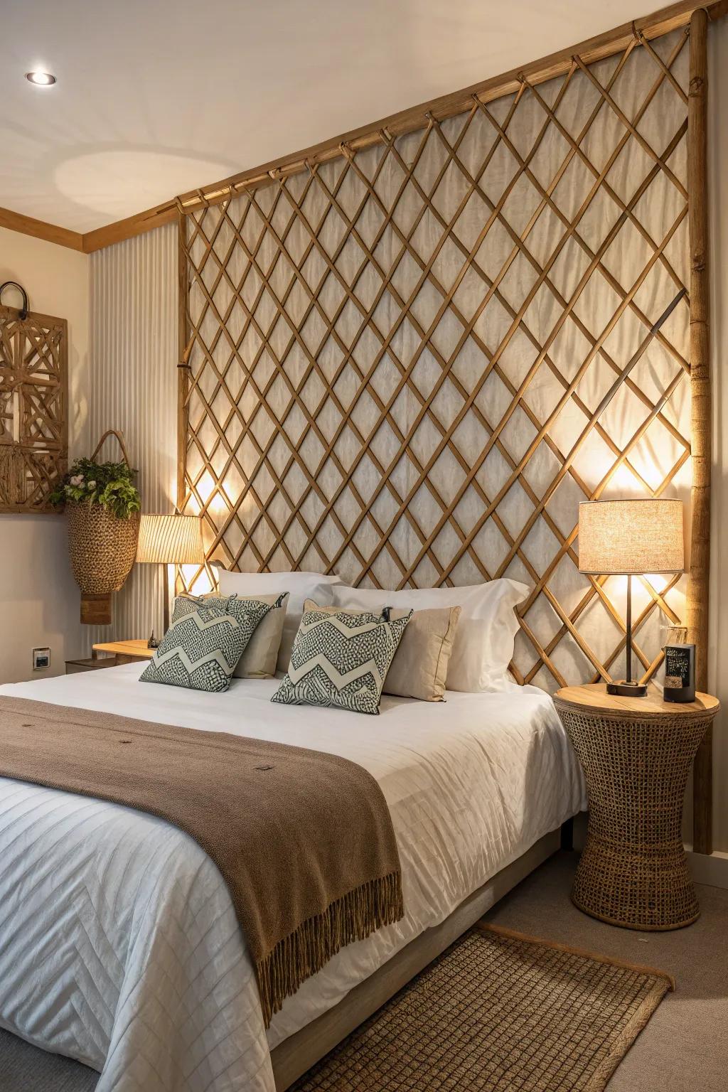 Lattice wall as a stunning headboard backdrop in the bedroom.