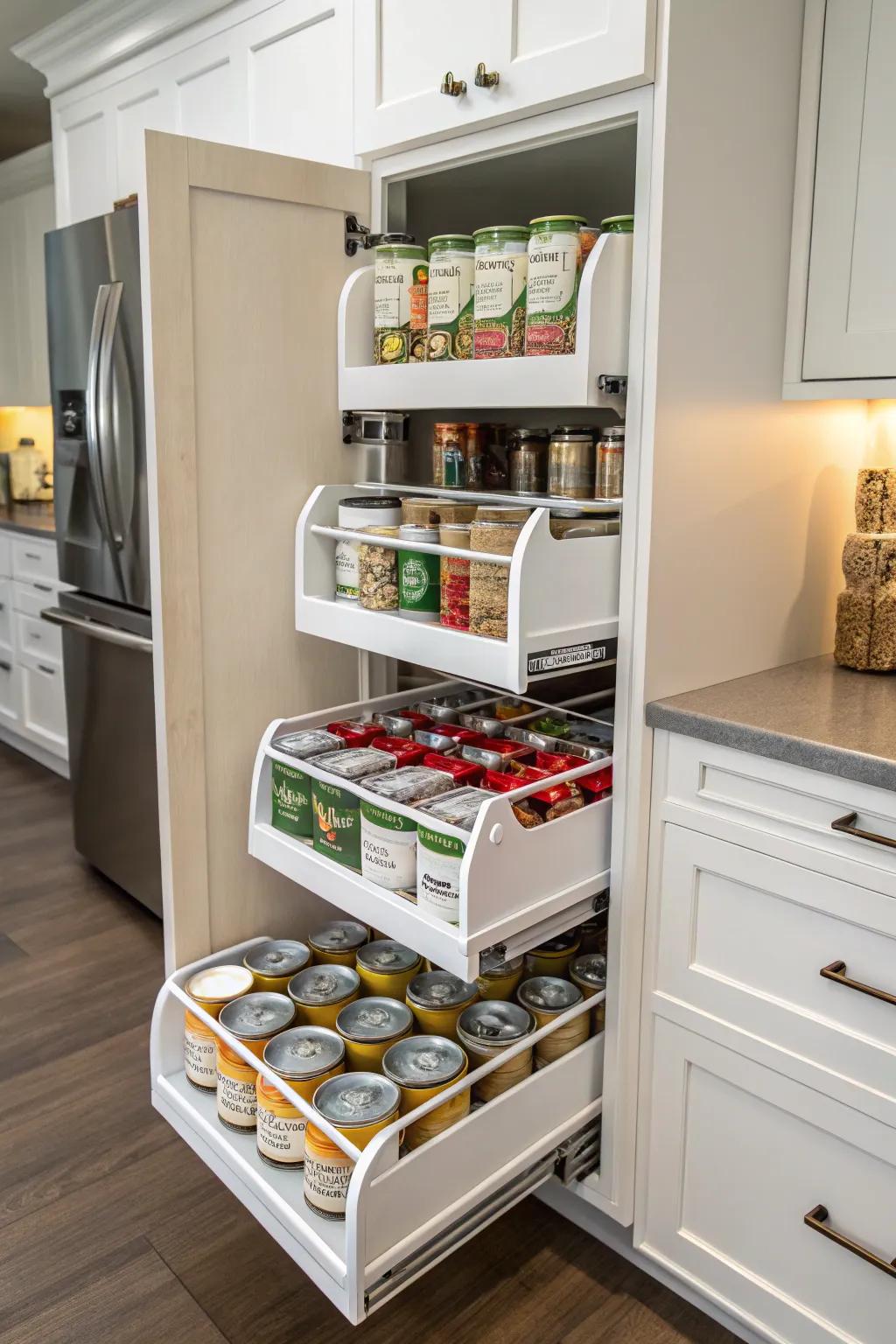 Tiered shelf inserts maximize cabinet space efficiently.