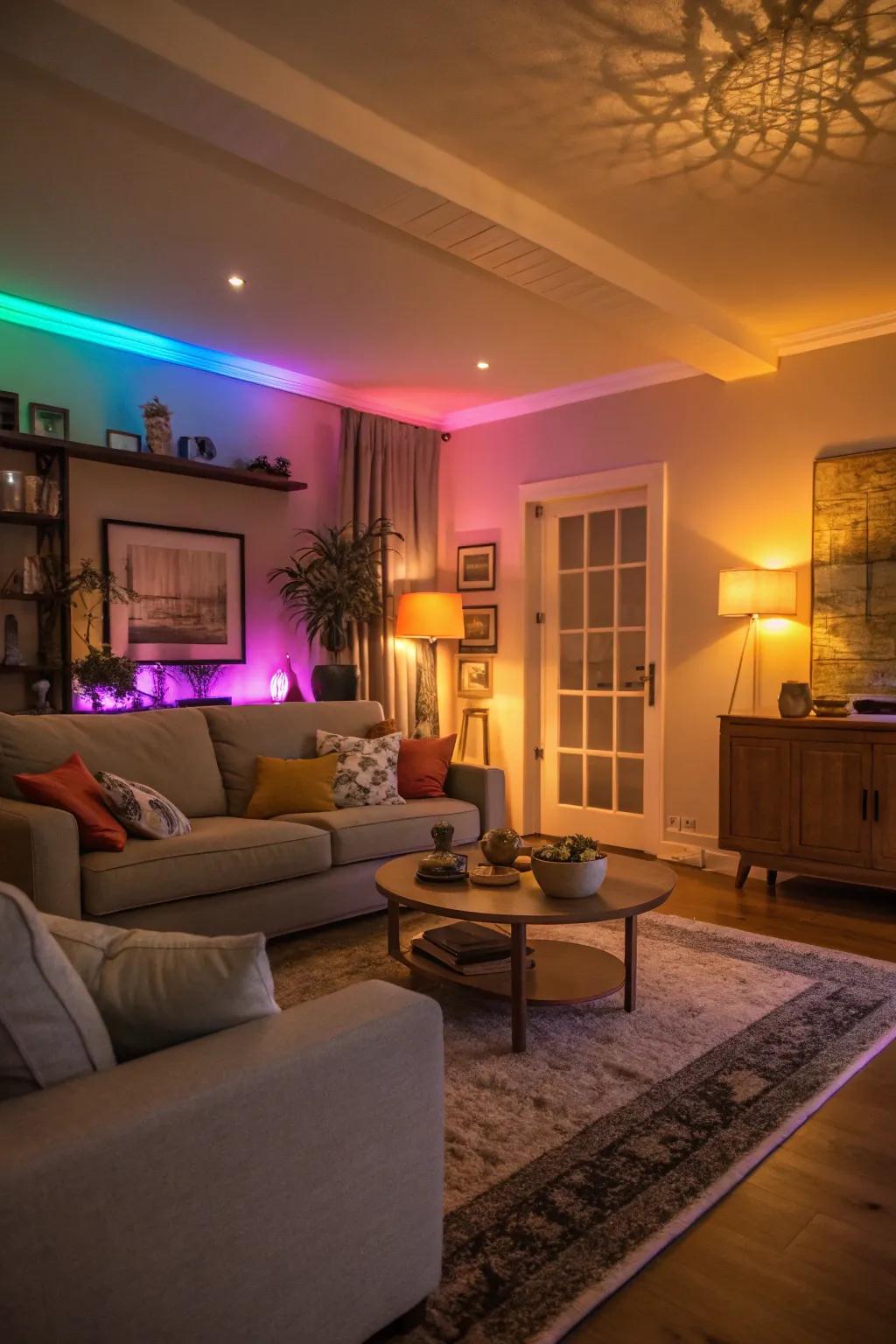 Smart lighting creating dynamic atmospheres in a living room.