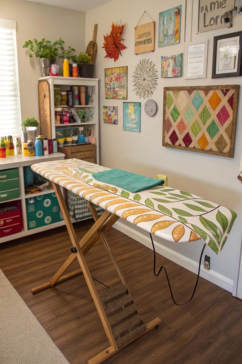 A DIY drop-leaf ironing board in a creative crafting room.