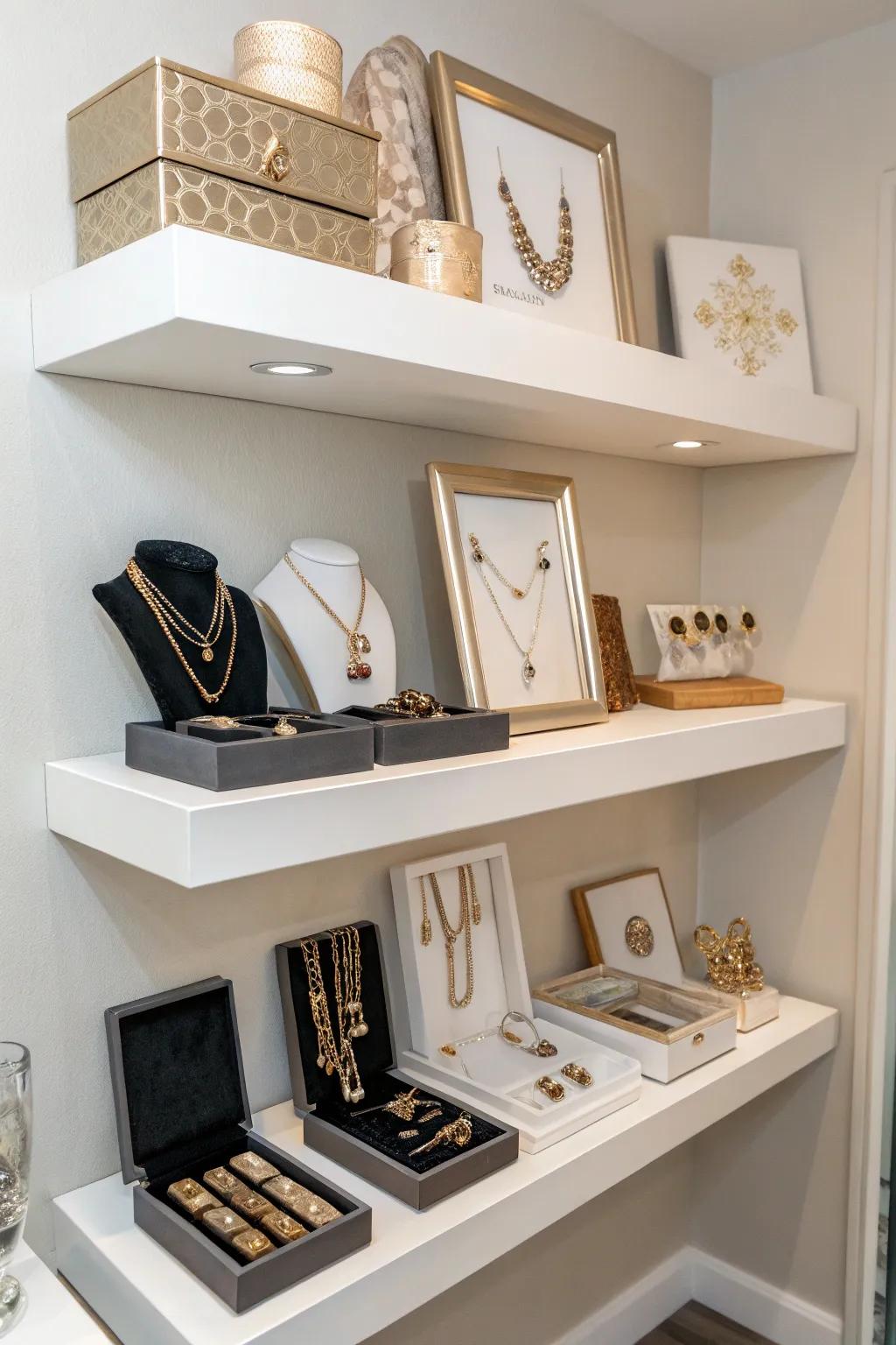 Floating shelves showcasing jewelry