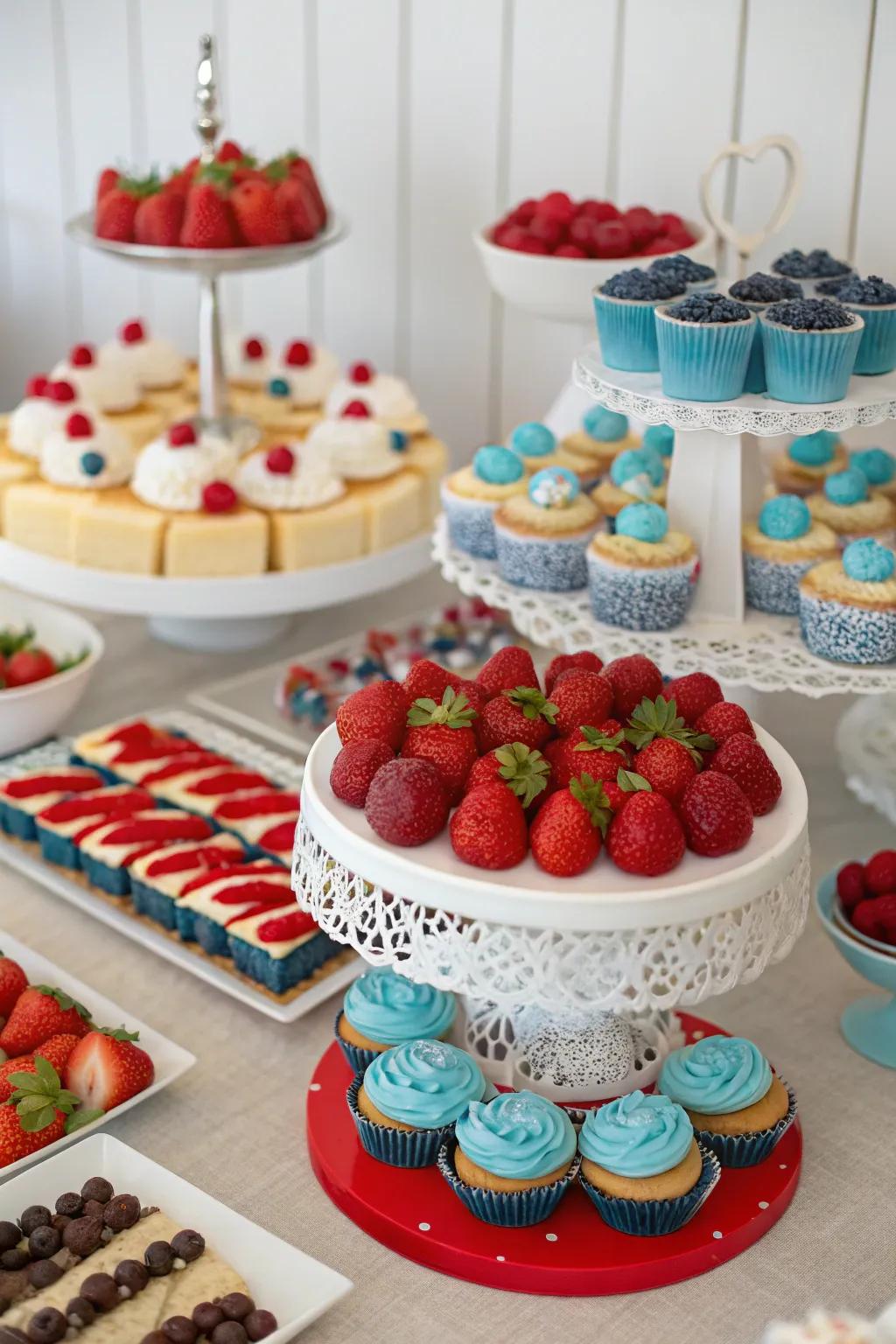 A themed dessert table with sweets and seasonal fruits.