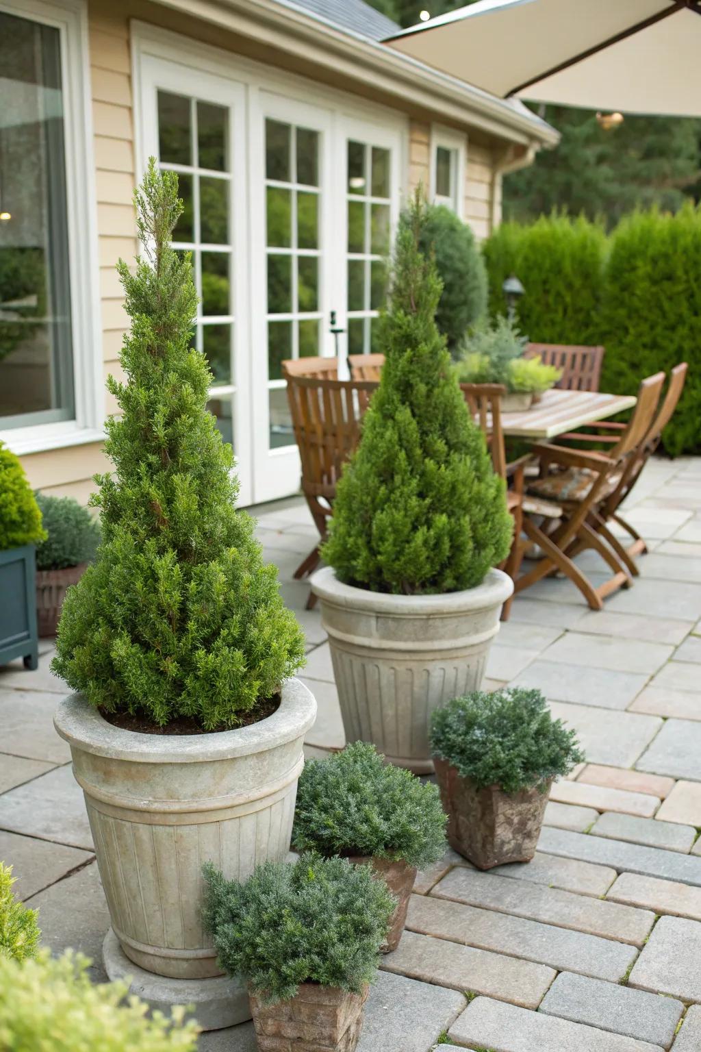 Junipers in containers on a charming patio