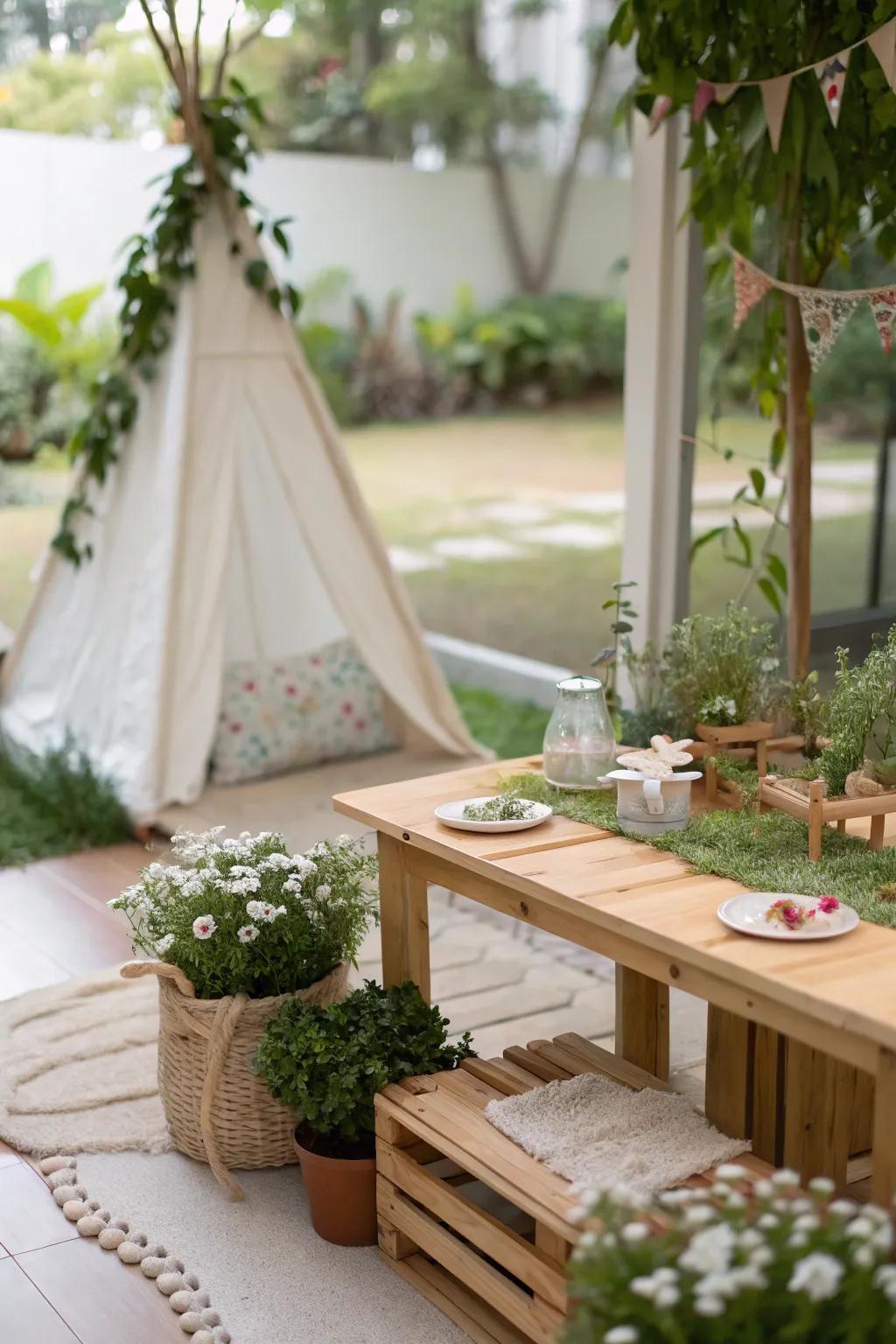 Nature-inspired table blending indoor play with outdoor charm.