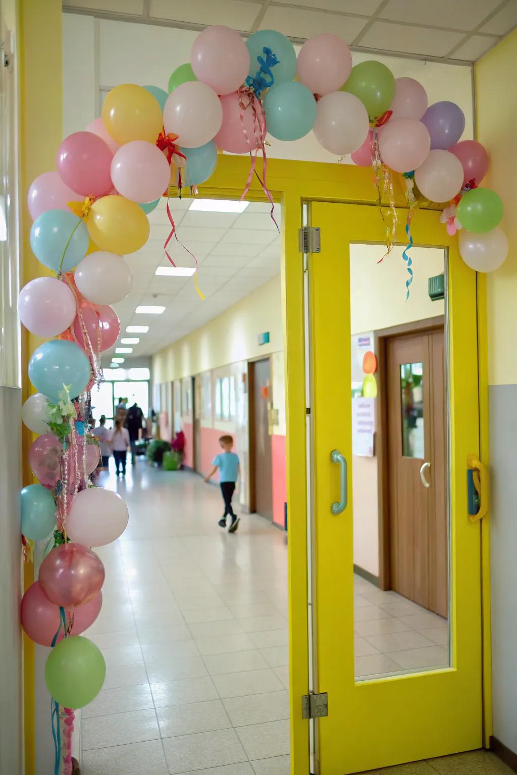 A kindergarten door filled with colorful balloon decorations.