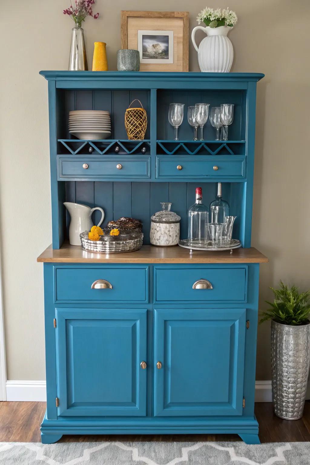 A colorful bar cabinet adds a playful touch to the kitchen.