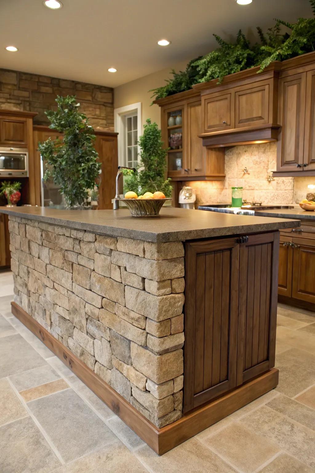 Textured stone adds natural depth and beauty to this kitchen island, enhancing its tactile appeal.