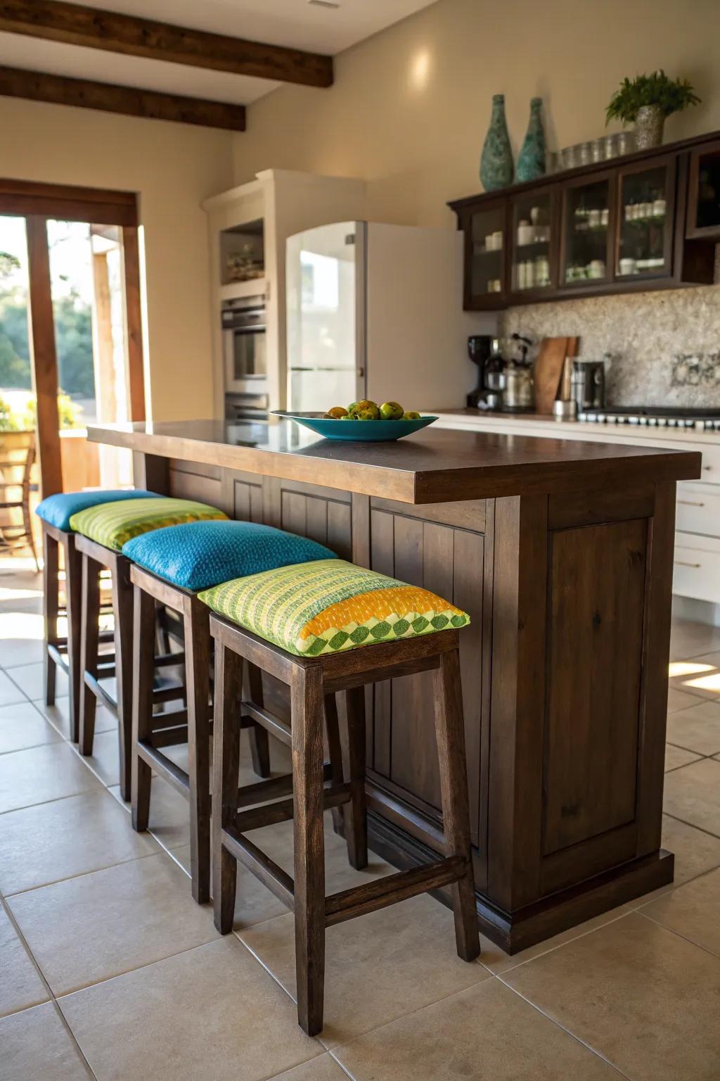 Colorful cushions bring vibrancy to your kitchen island seating.