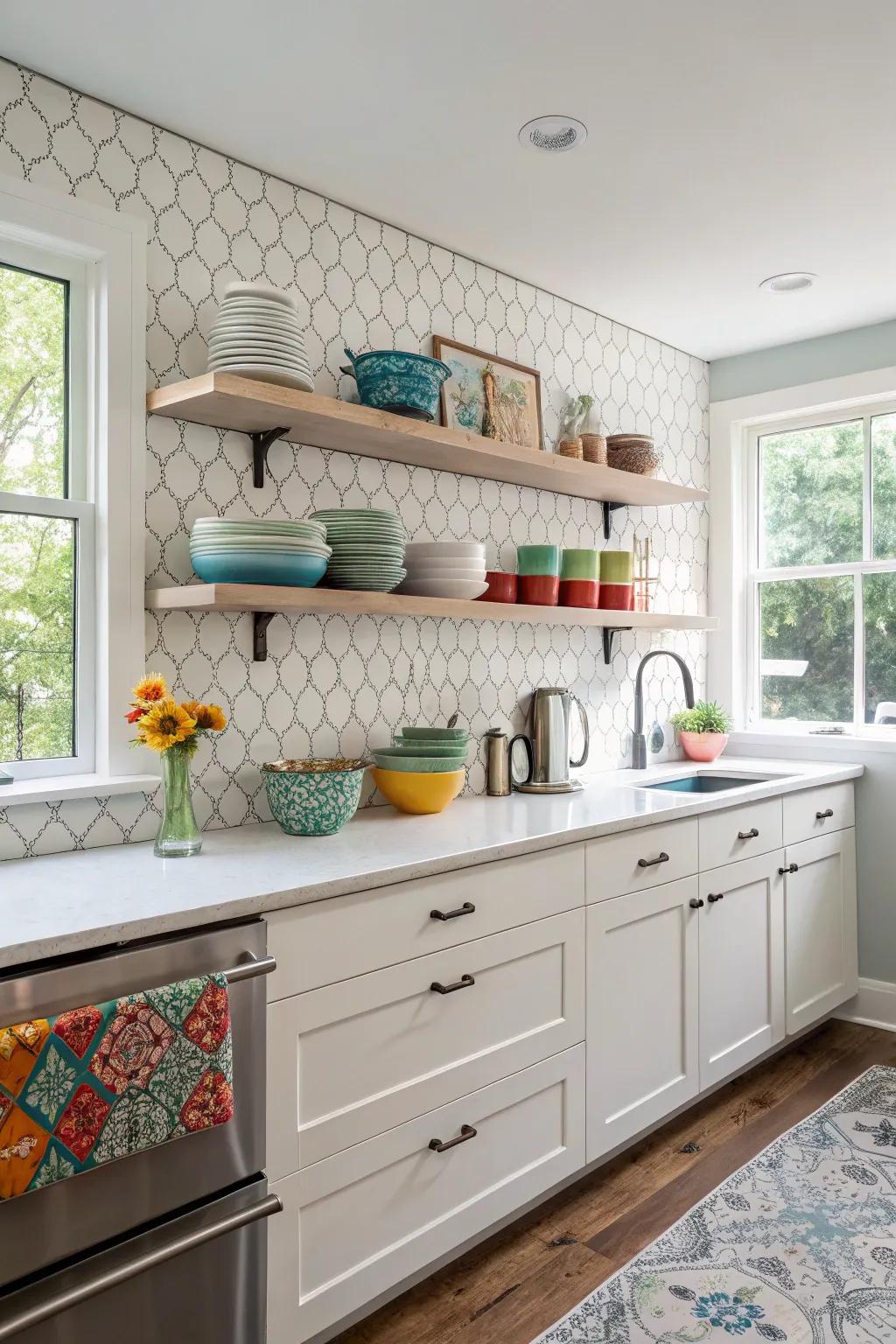 A kitchen with a custom backsplash and open shelves for a personal touch.