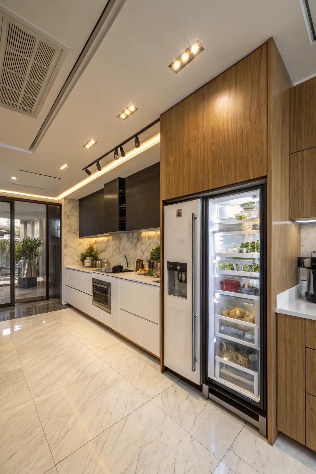 A fridge strategically placed to divide the kitchen and dining area in an open-plan layout.