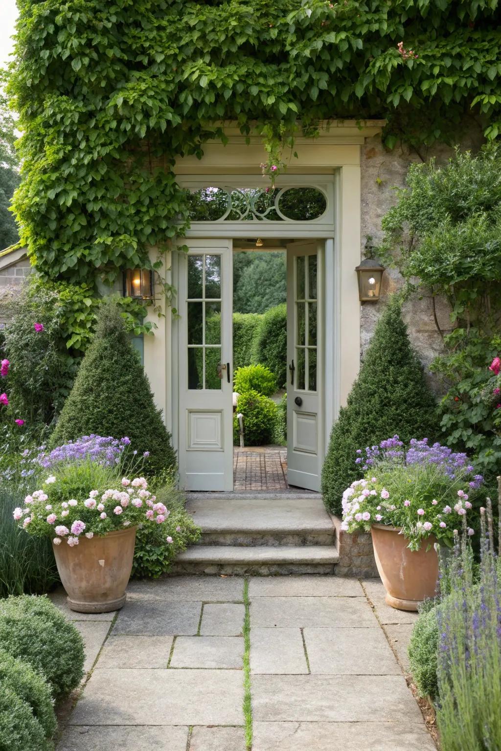 Symmetrical plantings create a grand and balanced entrance.