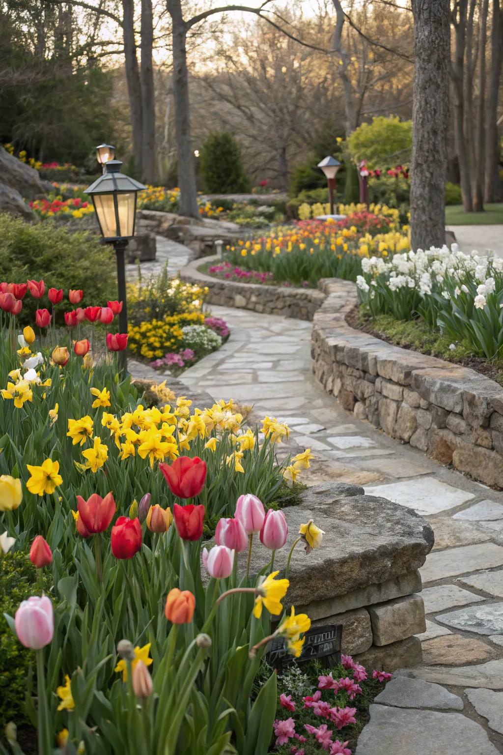 Tulips and daffodils complemented by rustic stone elements in the garden.