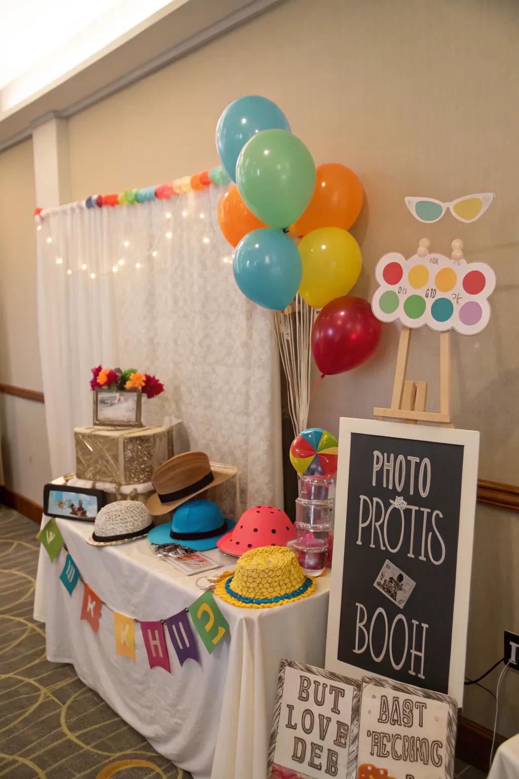 A playful photo booth corner adds fun and creates lasting memories.