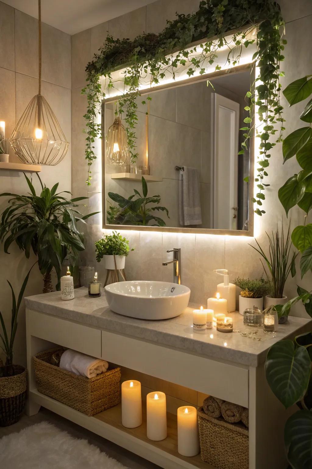 A personalized bathroom space enhanced by an LED mirror and decorative details.