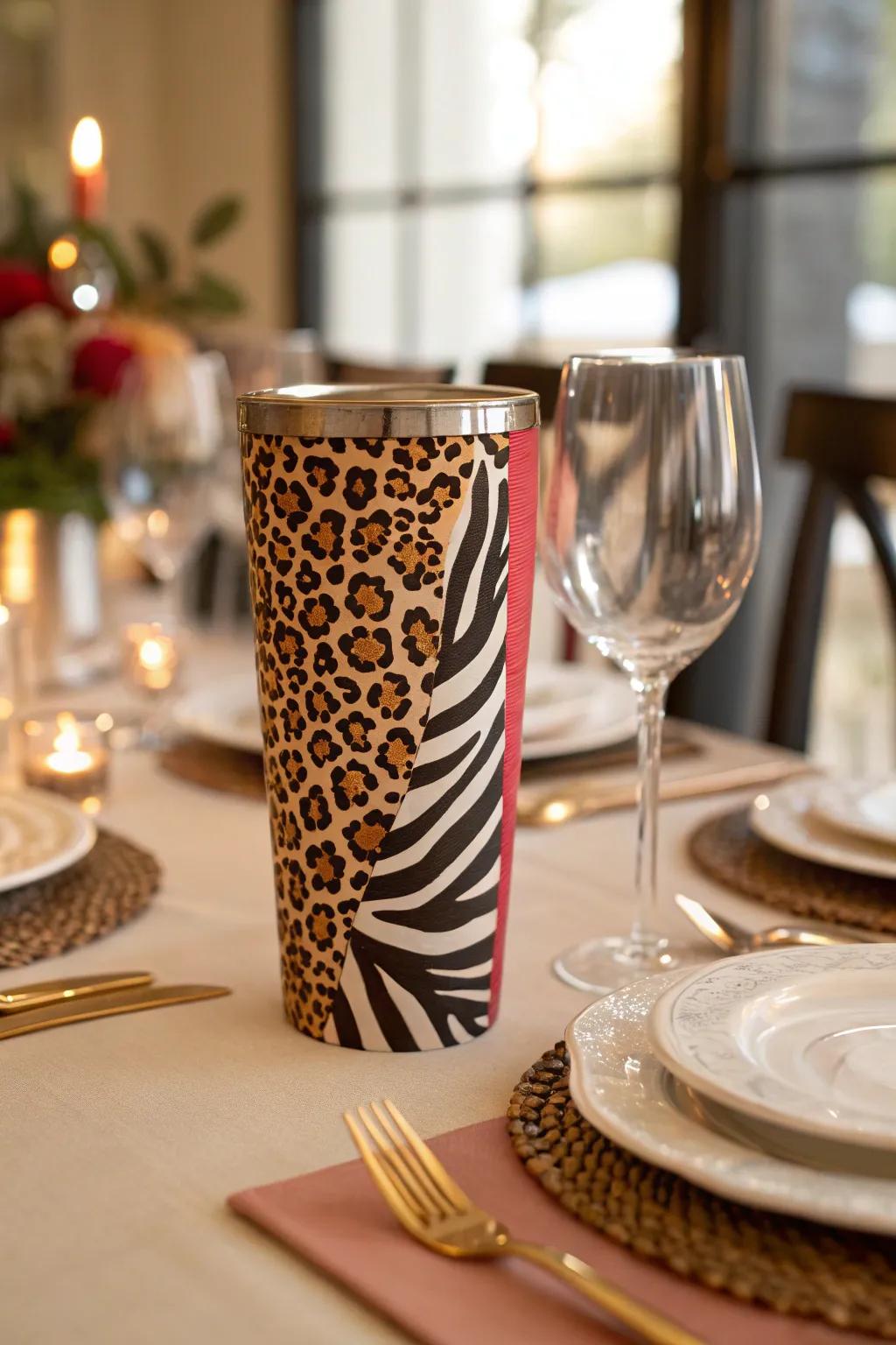 Stand out with a dynamic mix of animal prints on your tumbler.