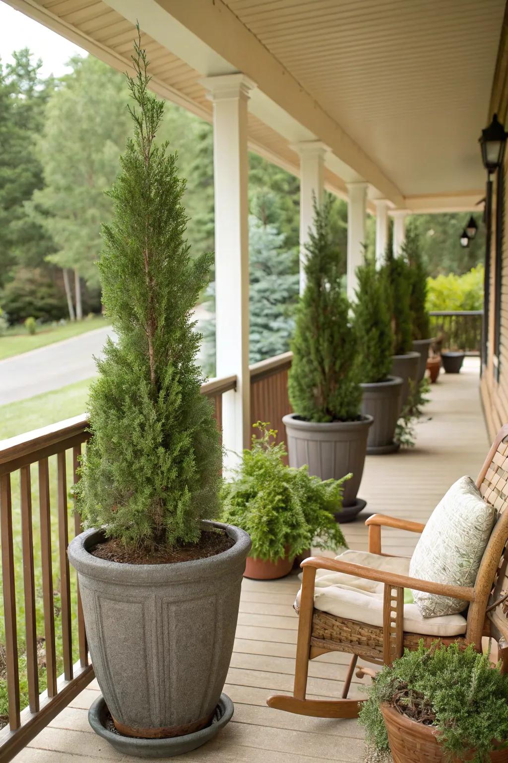 Add elegance to your entryway with potted Leyland cypress trees.