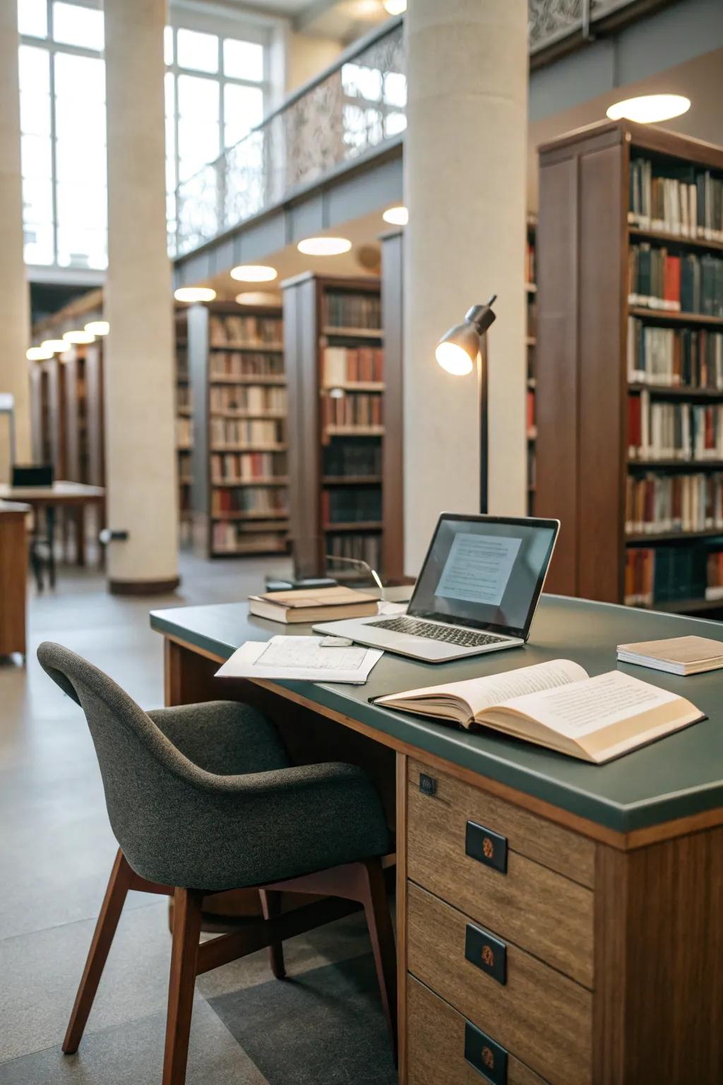 A functional workspace with a stylish desk and ergonomic chair in a library setting.