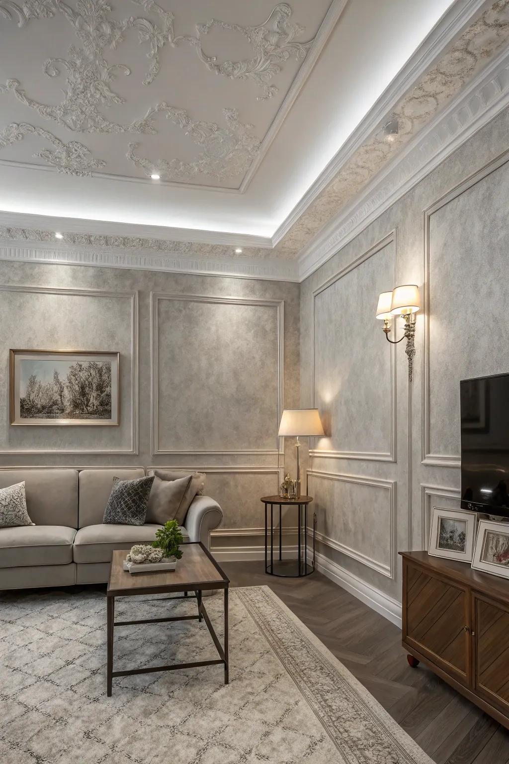 Monochromatic crown molding for a seamless look.