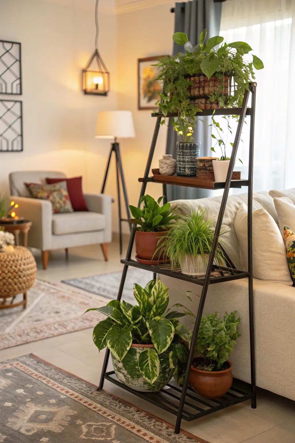 A tiered plant stand creates a mini indoor jungle.