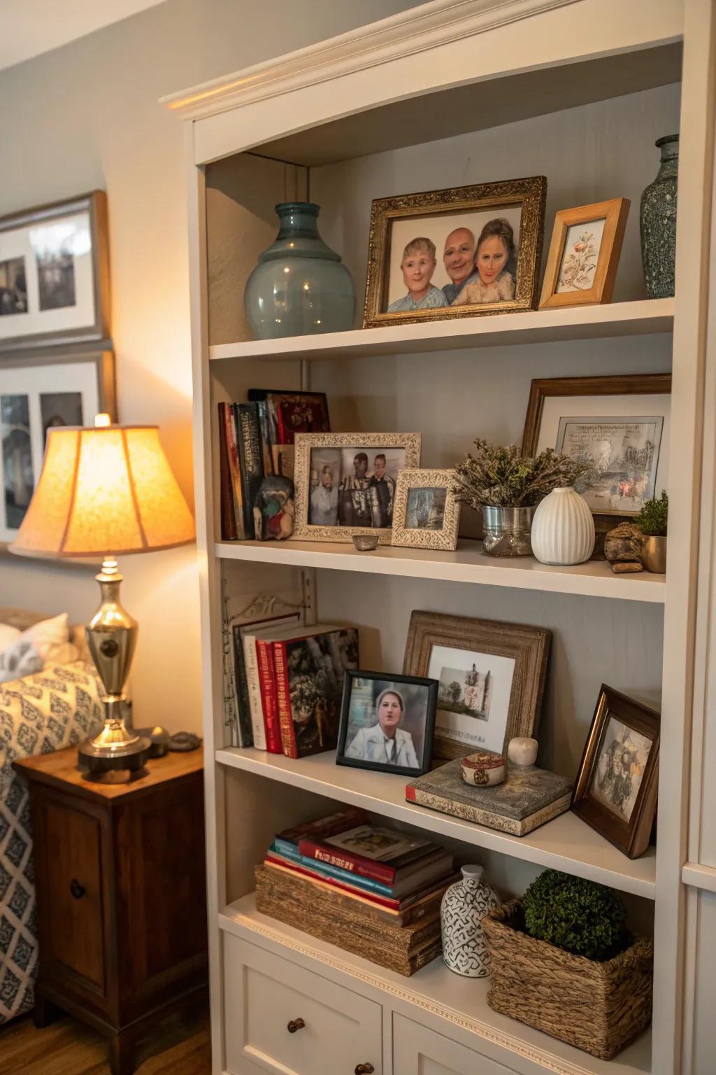 Personal touches with family photos on display.