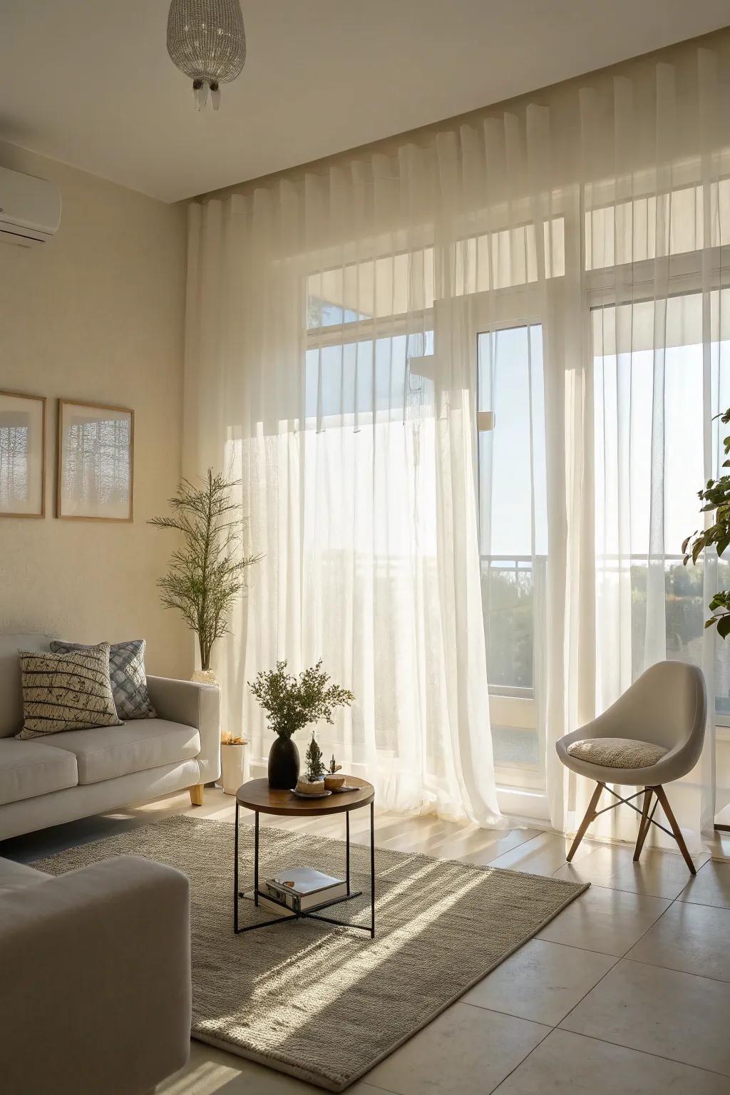 Sheer curtains creating a soft, inviting glow in the living room.