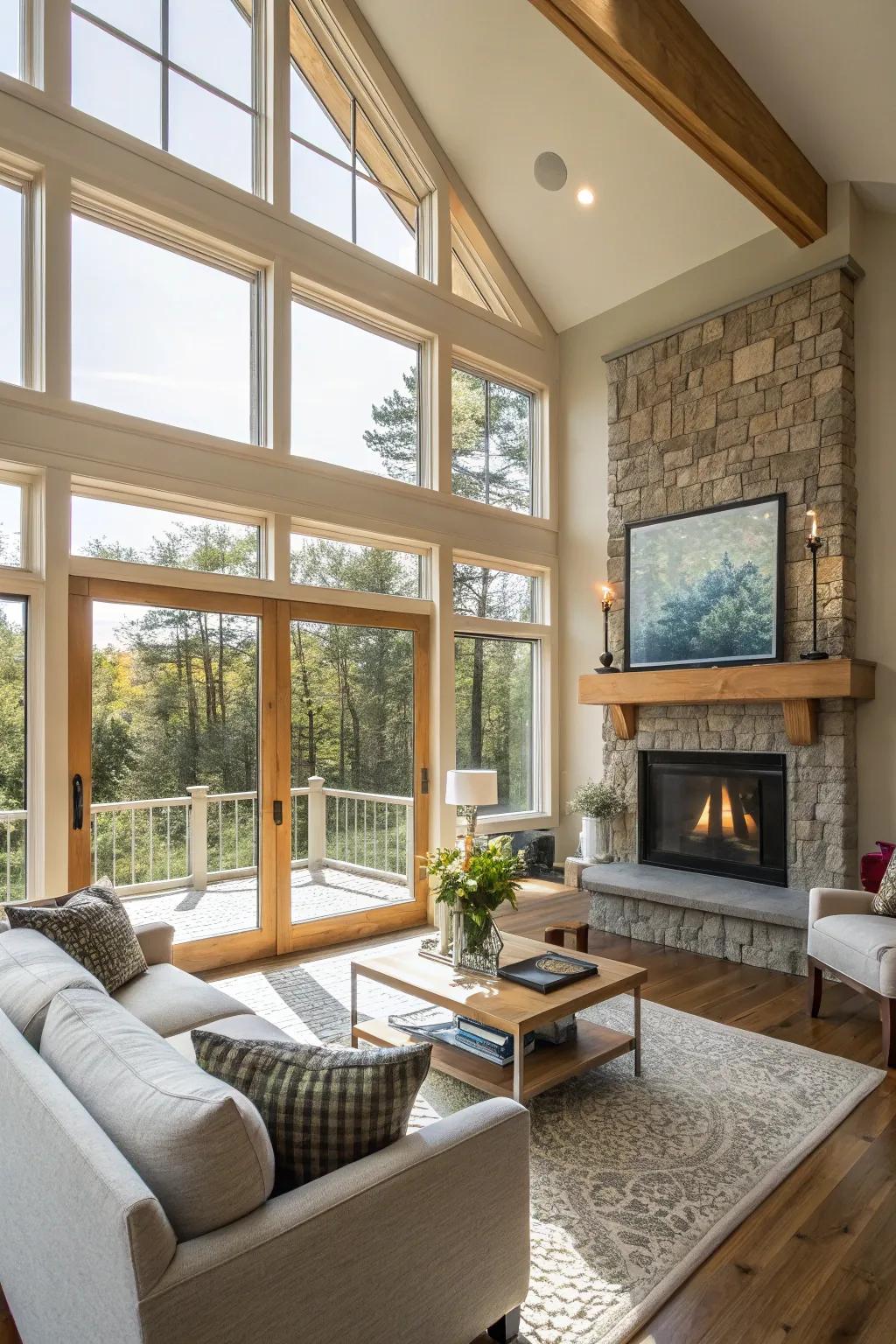 A bright living room with large windows complementing the fireplace.