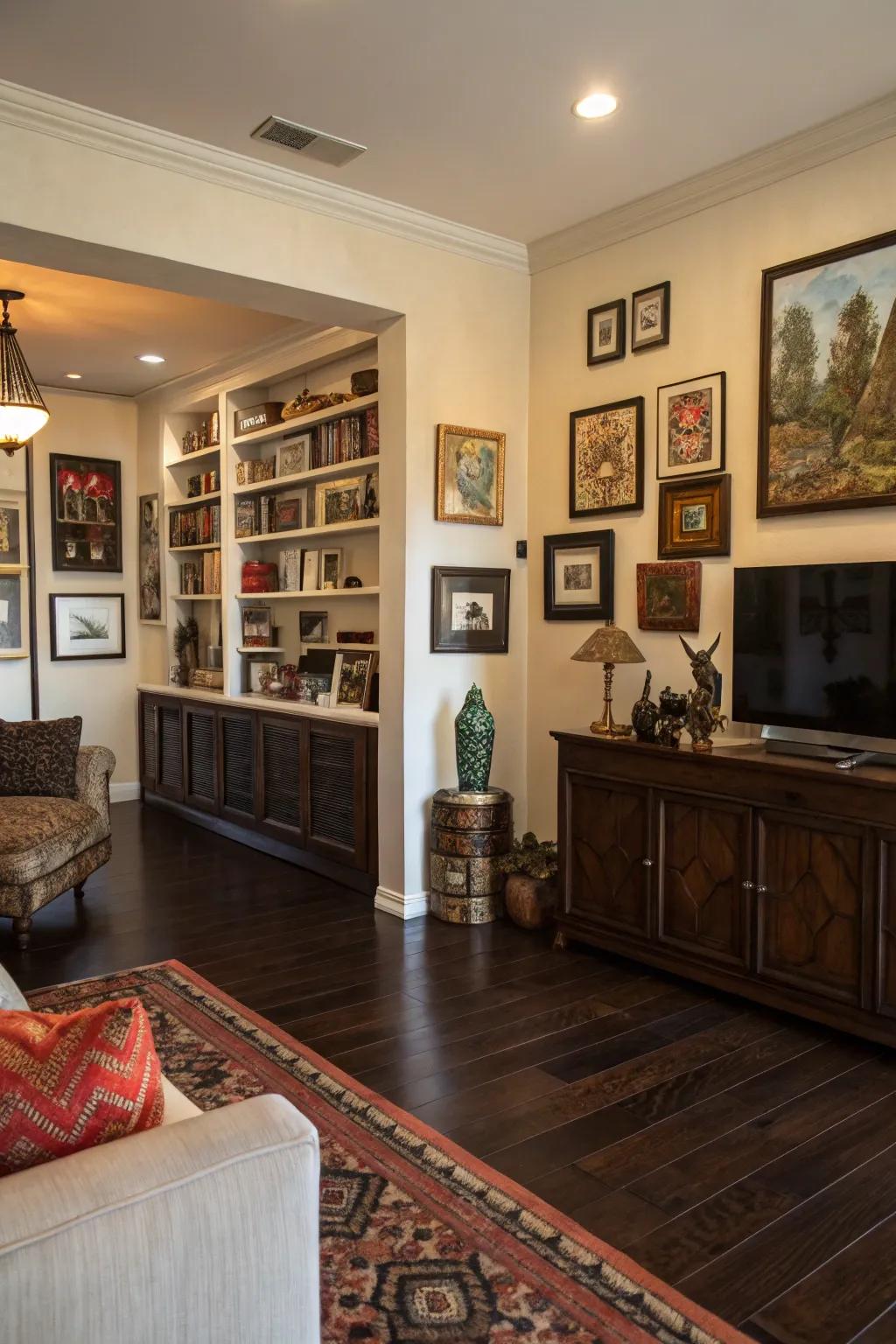 Art and decor add personality to spaces with dark wood floors.