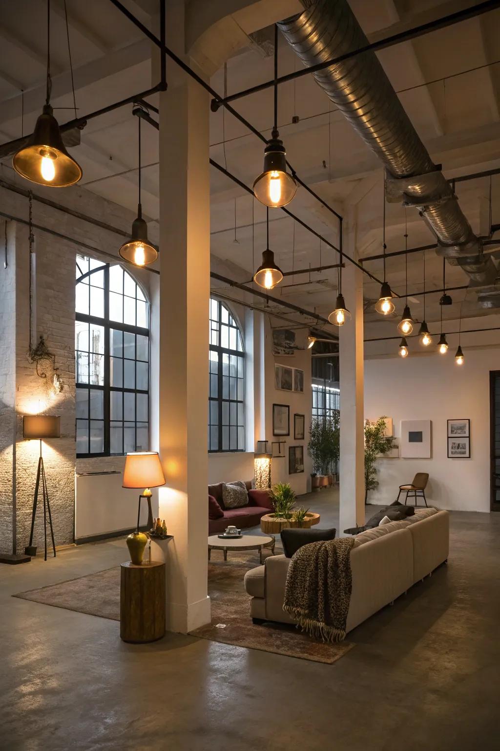 Layered lighting enhances loft ambiance.