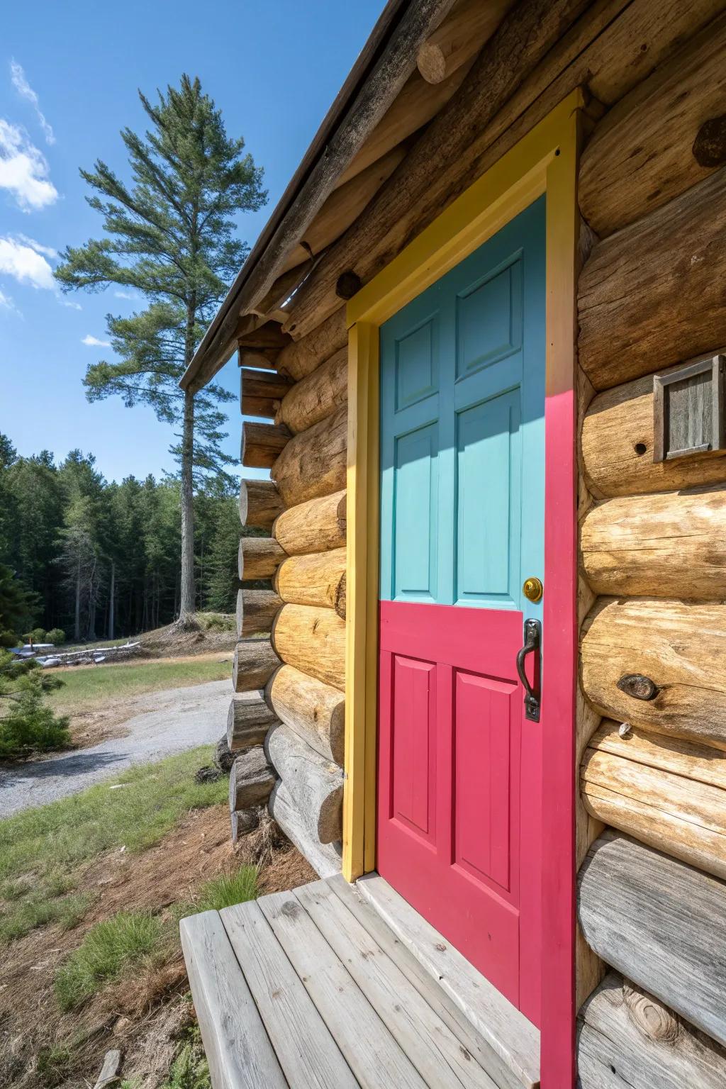 A vibrant painted log cabin door standing out against the wood.