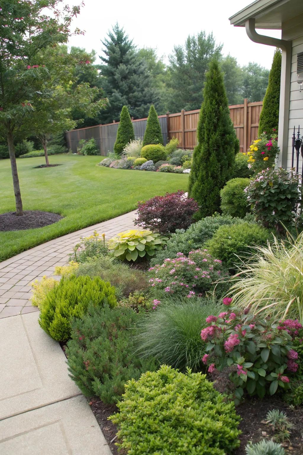 Layered planting creating depth and interest in a front yard.