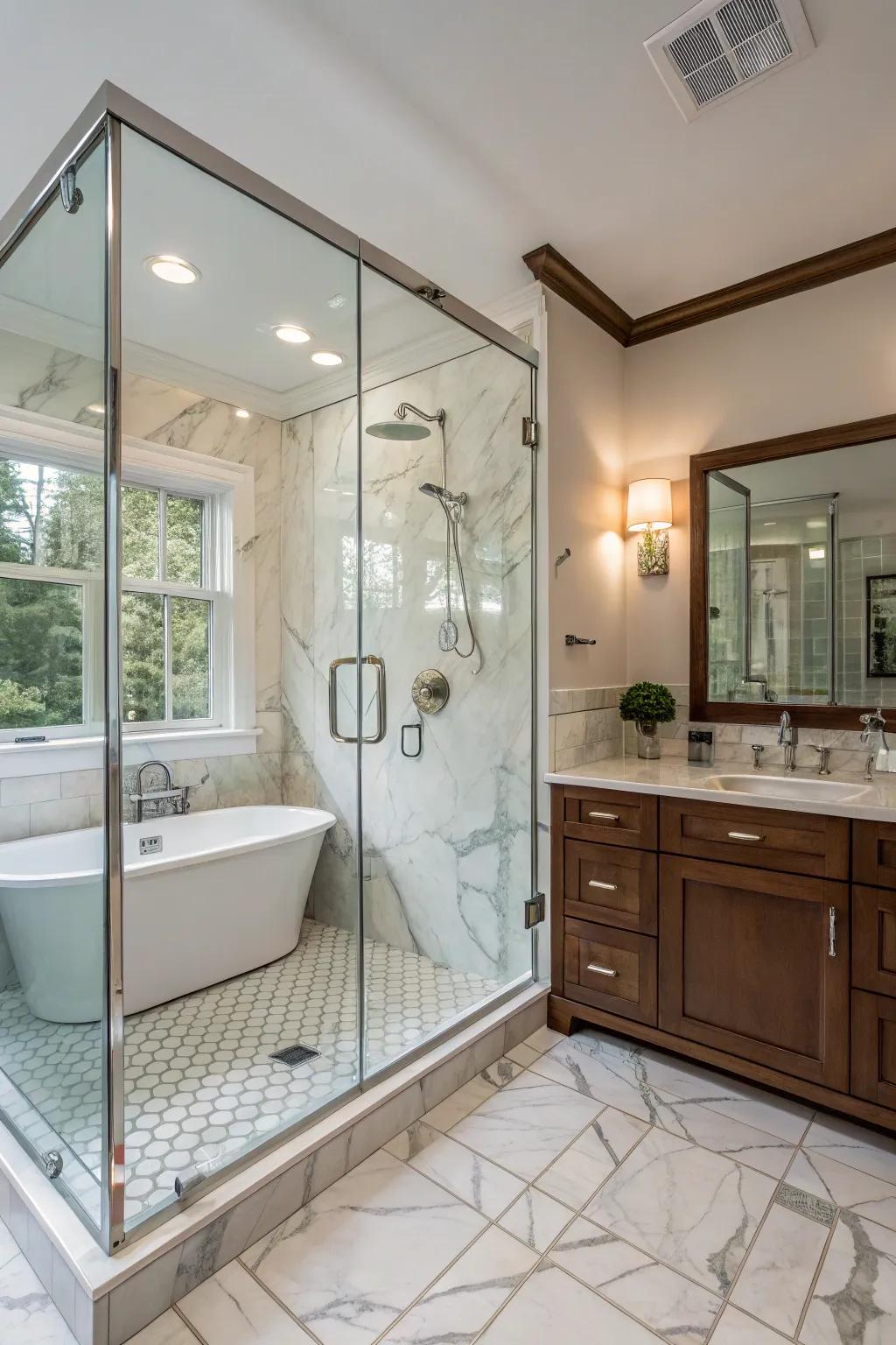 Glass-encased showers add elegance and openness.