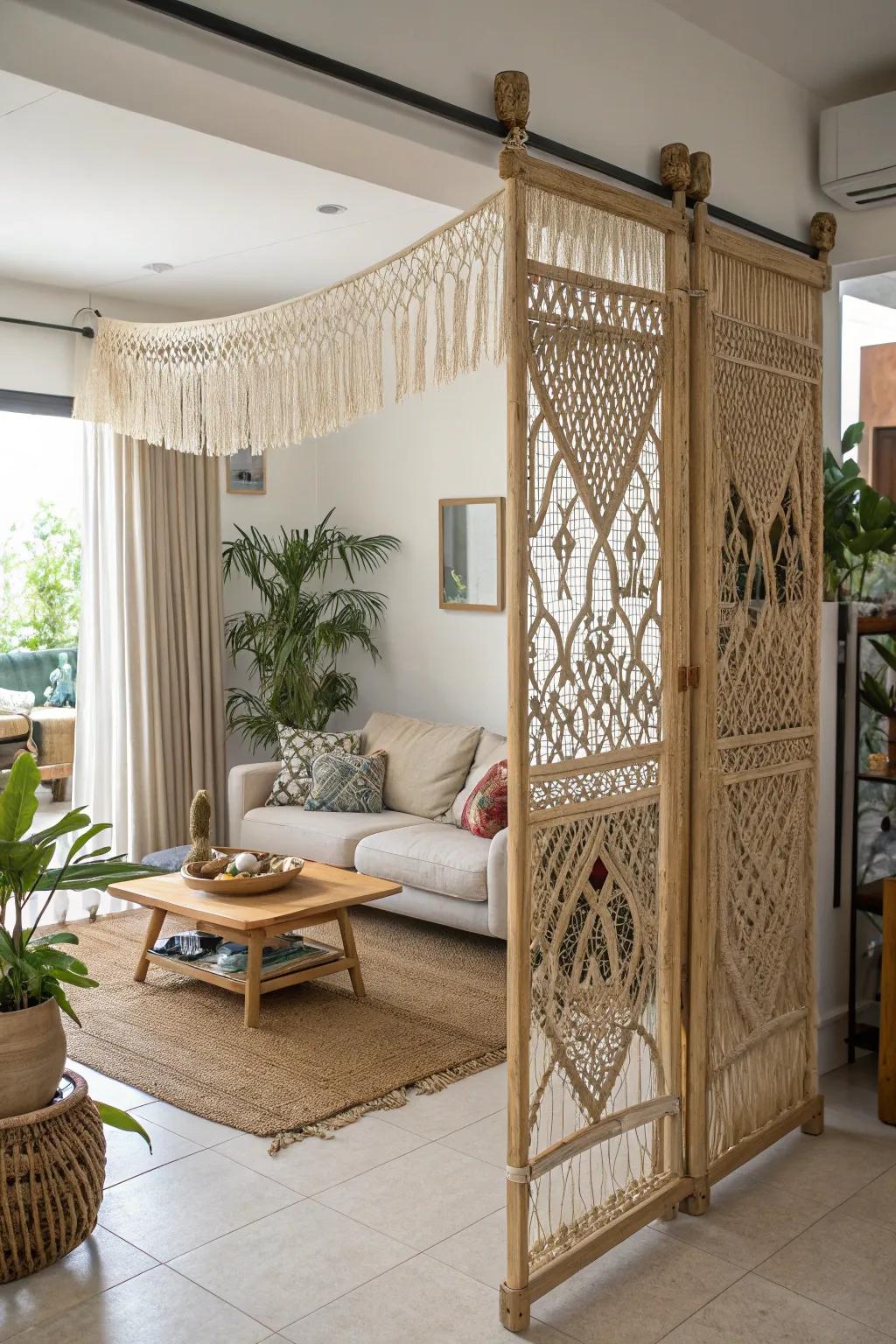 Macrame room dividers creating cozy nooks.