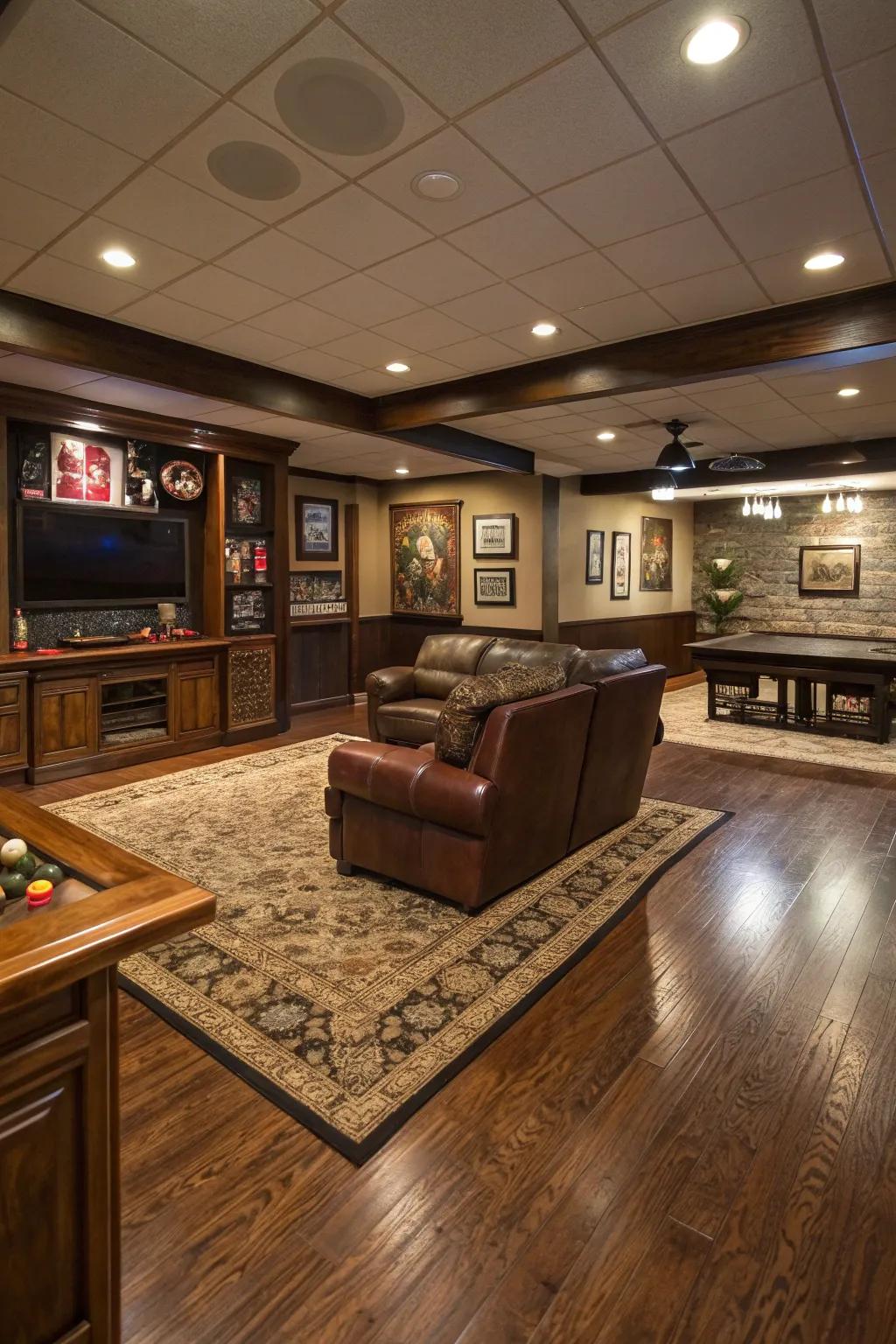Rich flooring adds warmth and texture to the man cave.