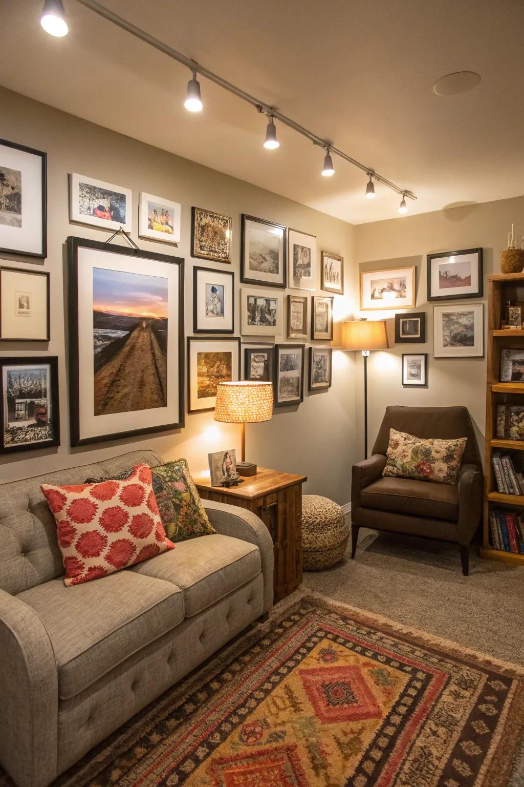 A gallery wall adds personal flair to the den.