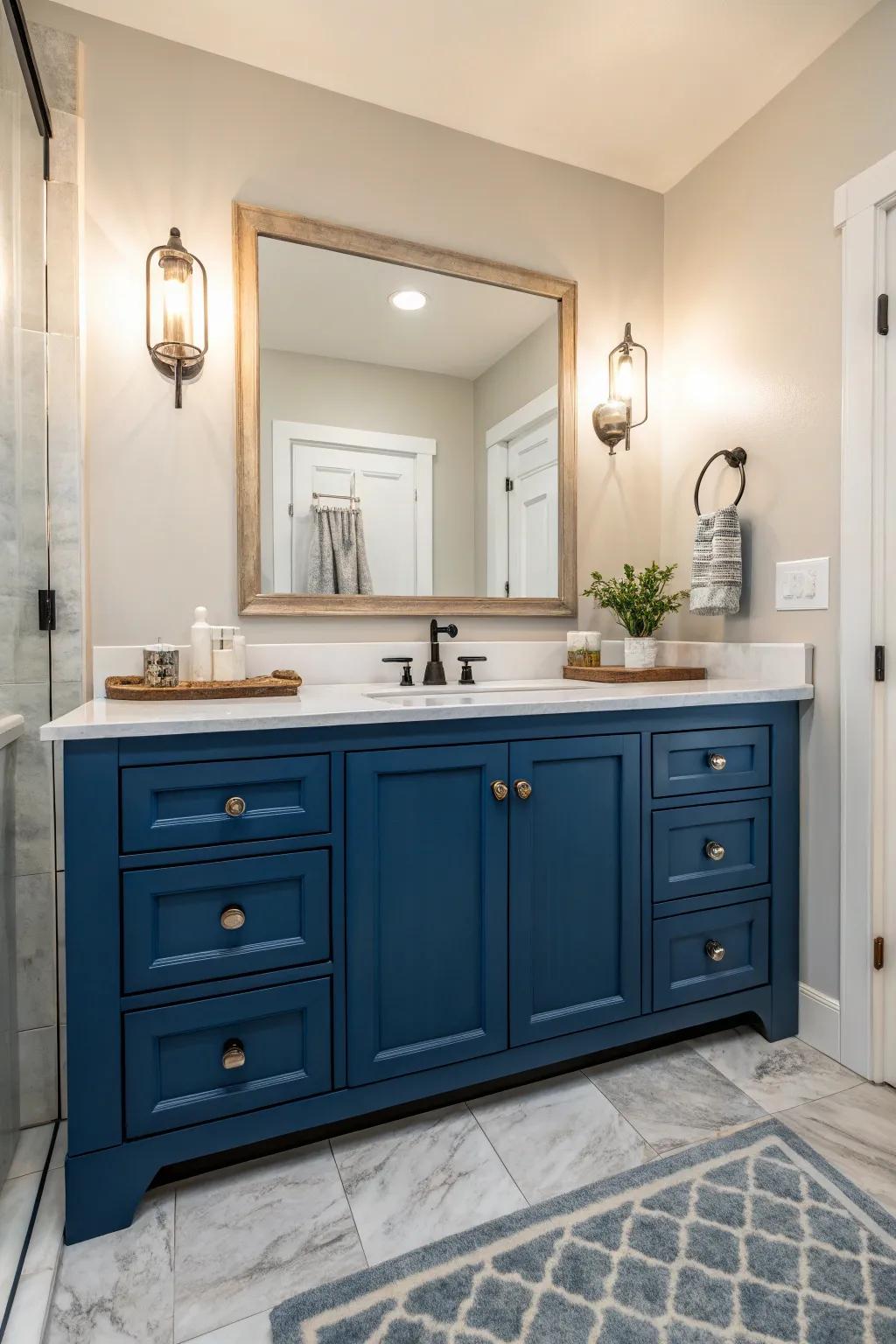 A master bathroom featuring a bold blue vanity against a neutral backdrop.