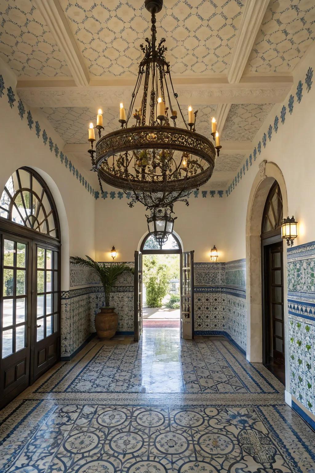 A statement chandelier enhances the luxurious feel of a Mediterranean entryway.