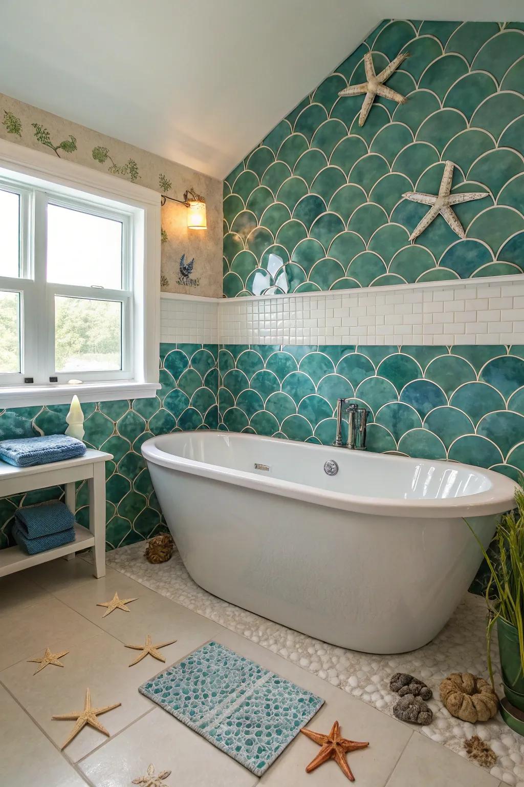 A freestanding bathtub becomes a centerpiece in a mermaid-themed retreat.