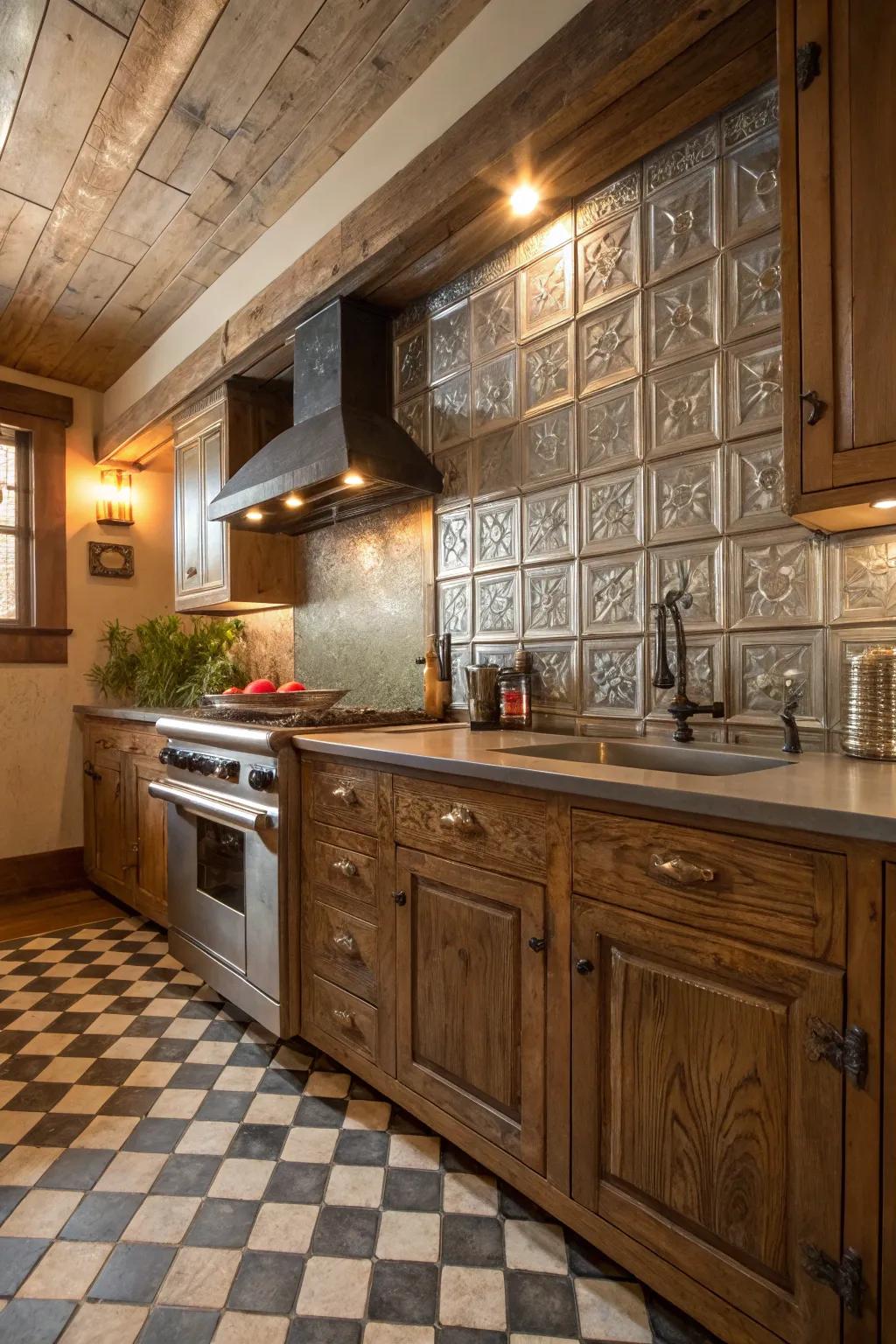 A rustic kitchen featuring a tin metal backsplash.