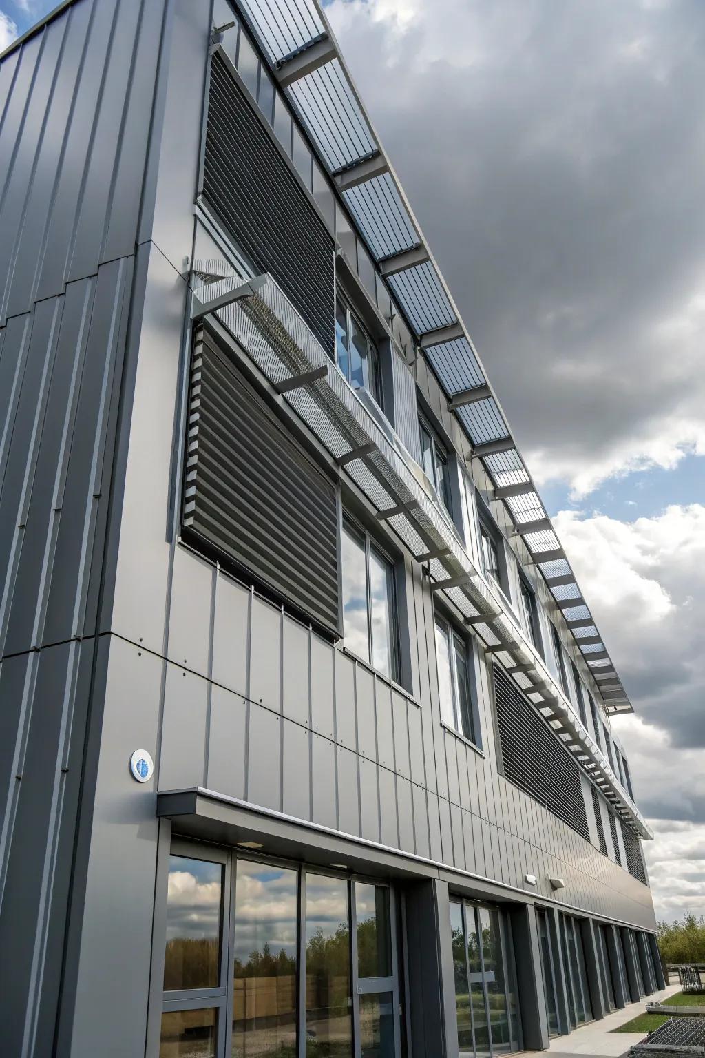 Functional elements like shading devices enhance this metal facade.