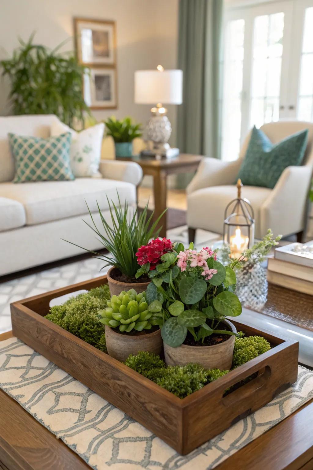 A chic living room featuring a mini garden integrated into the decor.