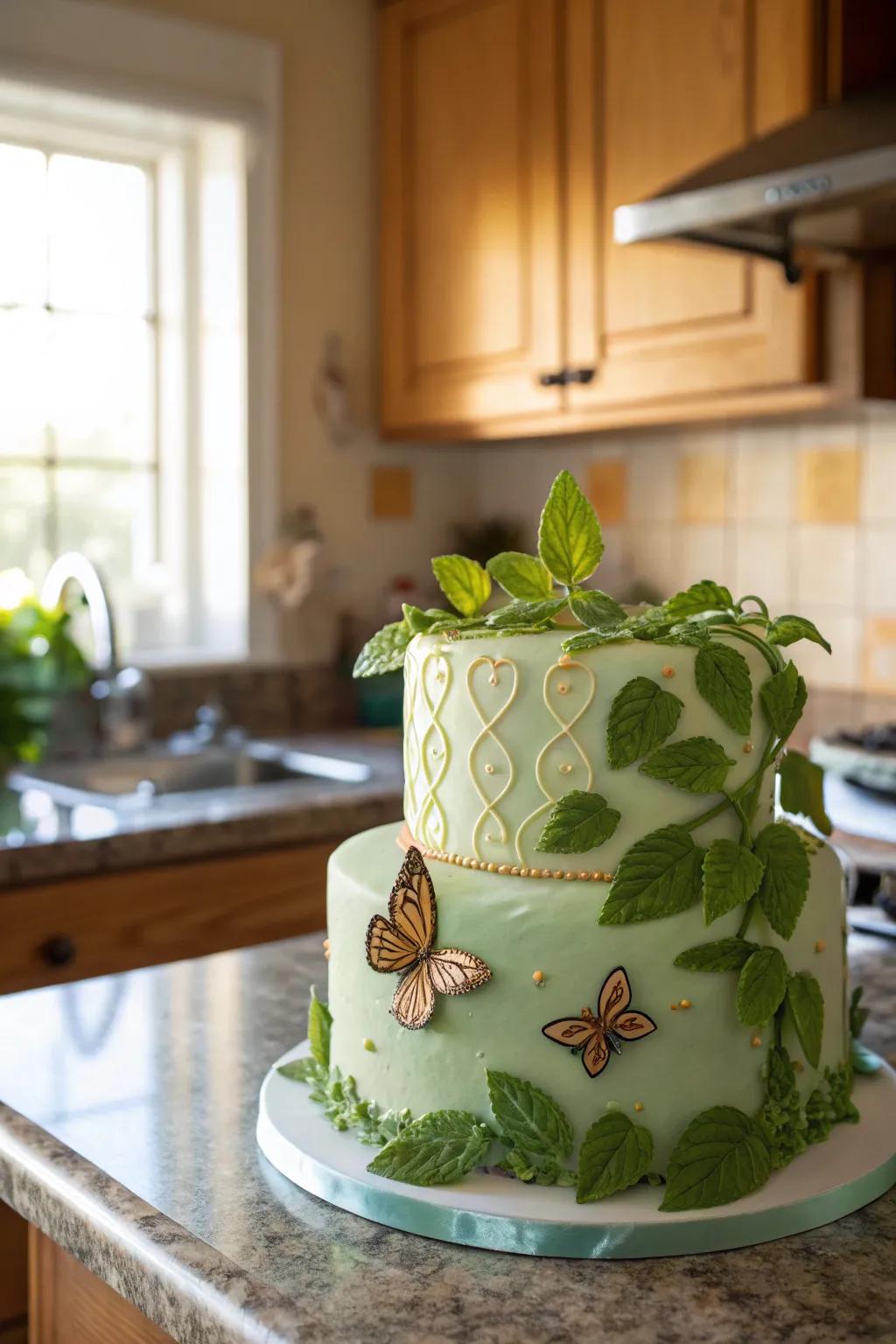 A mint green cake with natural elements for a whimsical touch.